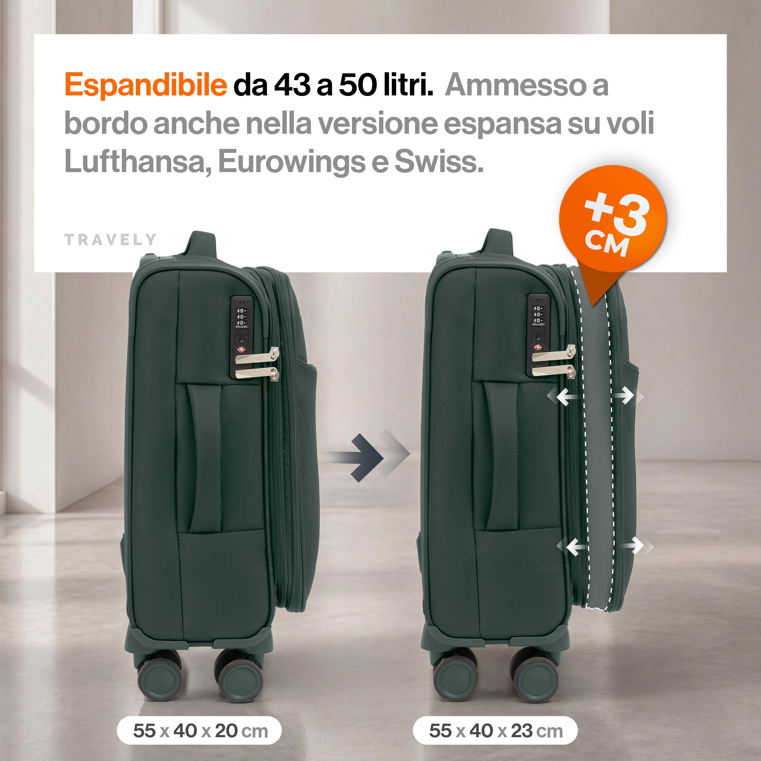 Travely Valigia M in tessuto - Valigia cabina con scomparto per laptop fino a 15,6", 4 ruote e lucchetto TSA - valigia morbida leggera espandibile, idrorepellente