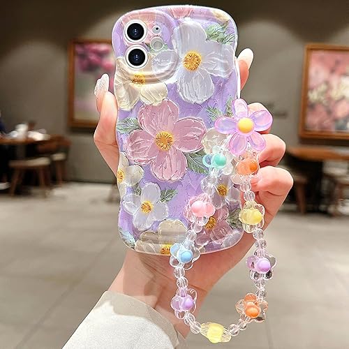 Miniatura 15 de para iPhone 13 Mini Funda rizada ondulada, linda funda protectora de pintura al óleo retro colorida con patrón de flores brillantes [con cadena de