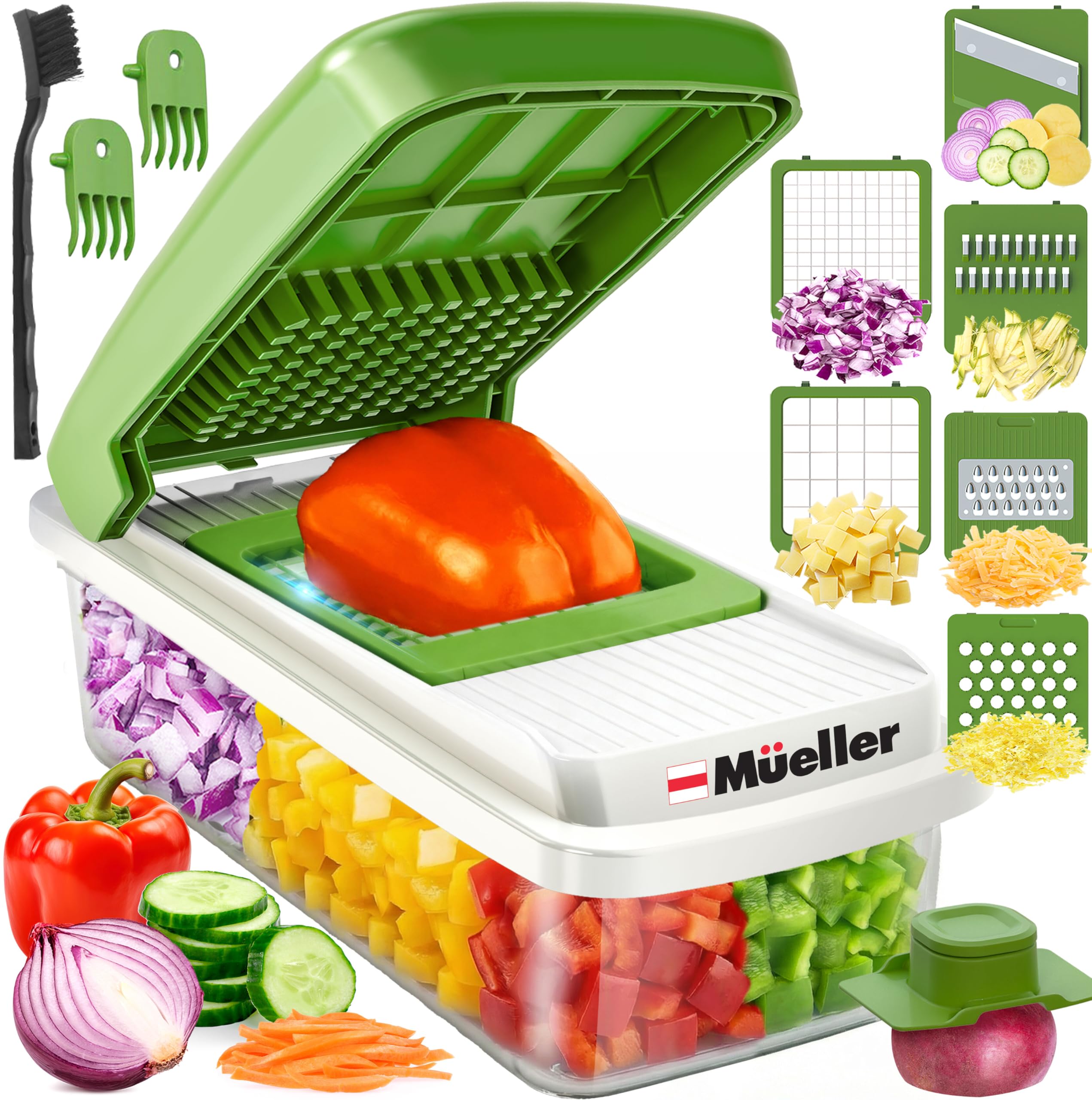 Mueller Vegetable Chopper, Mandoline Slicer, Food Veggie Chopper, Cheese Grater, Onion Vegetable Cutter with Container, Dicer, Kitchen Gadgets & Essentials, White Sand/Green