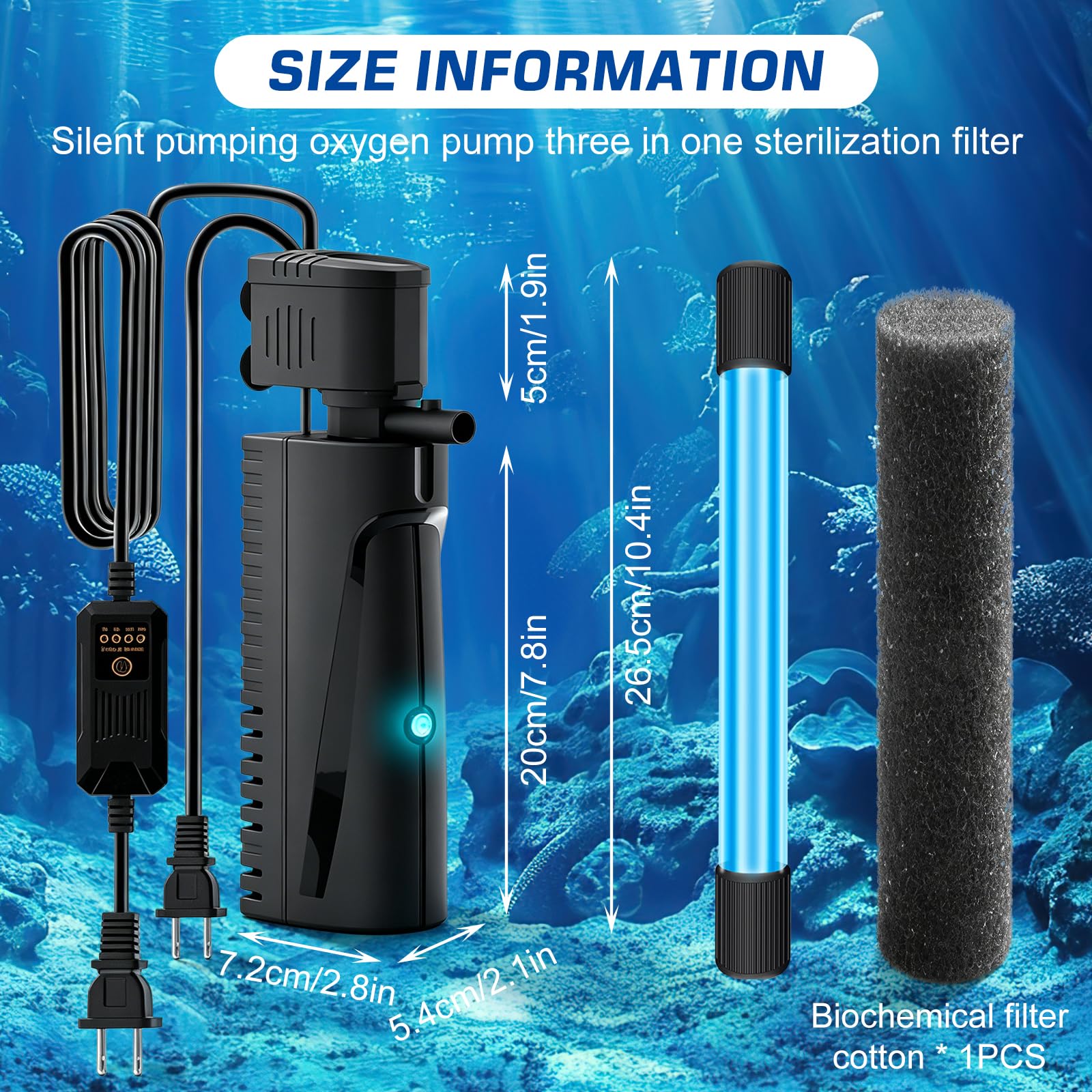 Filtro sommergibile da 1500 l/h con luce UV, pompa per acquario, filtro per acquario, filtro interno per acquario, pompa per laghetto con filtro, filtro stabile per acquari e vasche per tartarughe