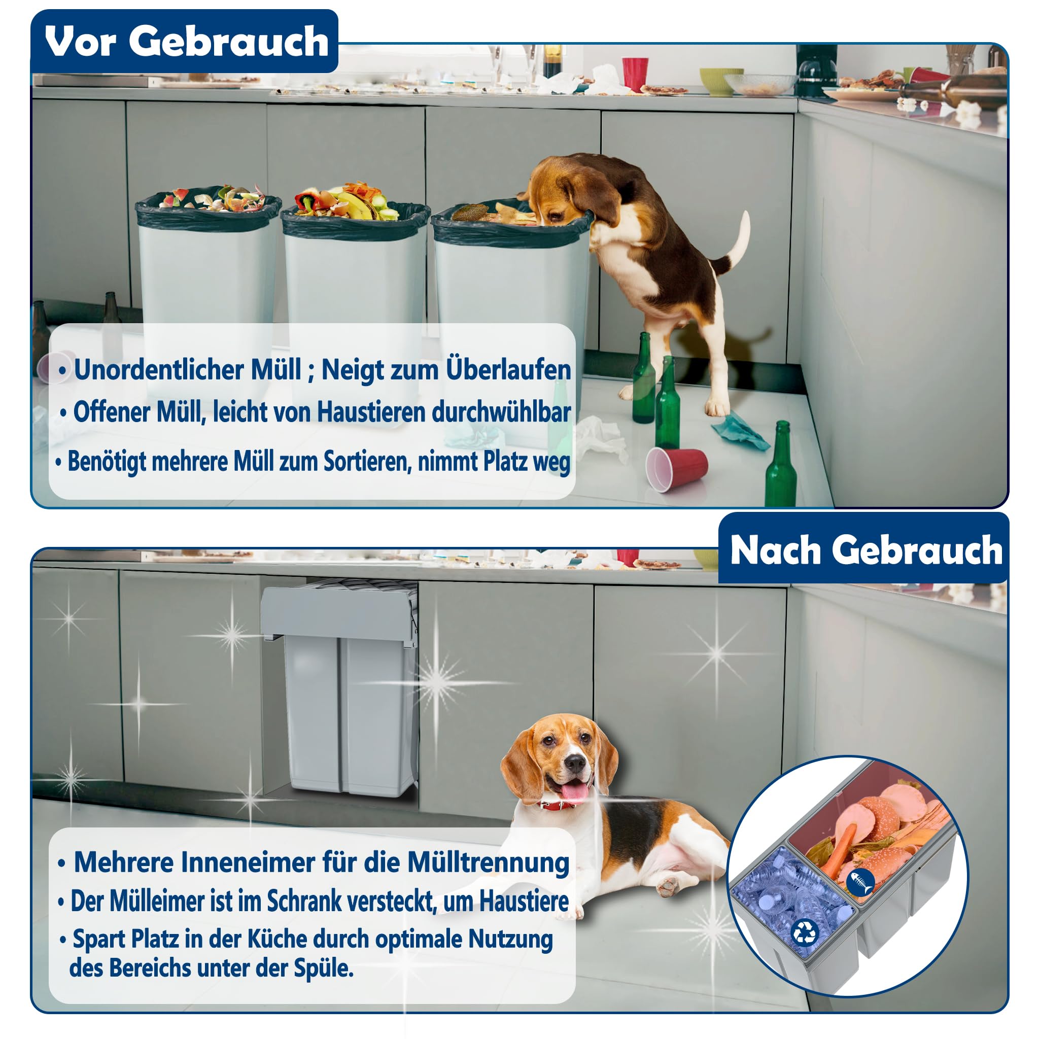 Grau 2 x 15L Einbaumülleimer Mülltrennsystem Ausziehbar Mehrfachbehälter Abfallsammler Schrankmülleimer Geruchsdicht Komfortabler Zugang für Küche 48x34x35cm