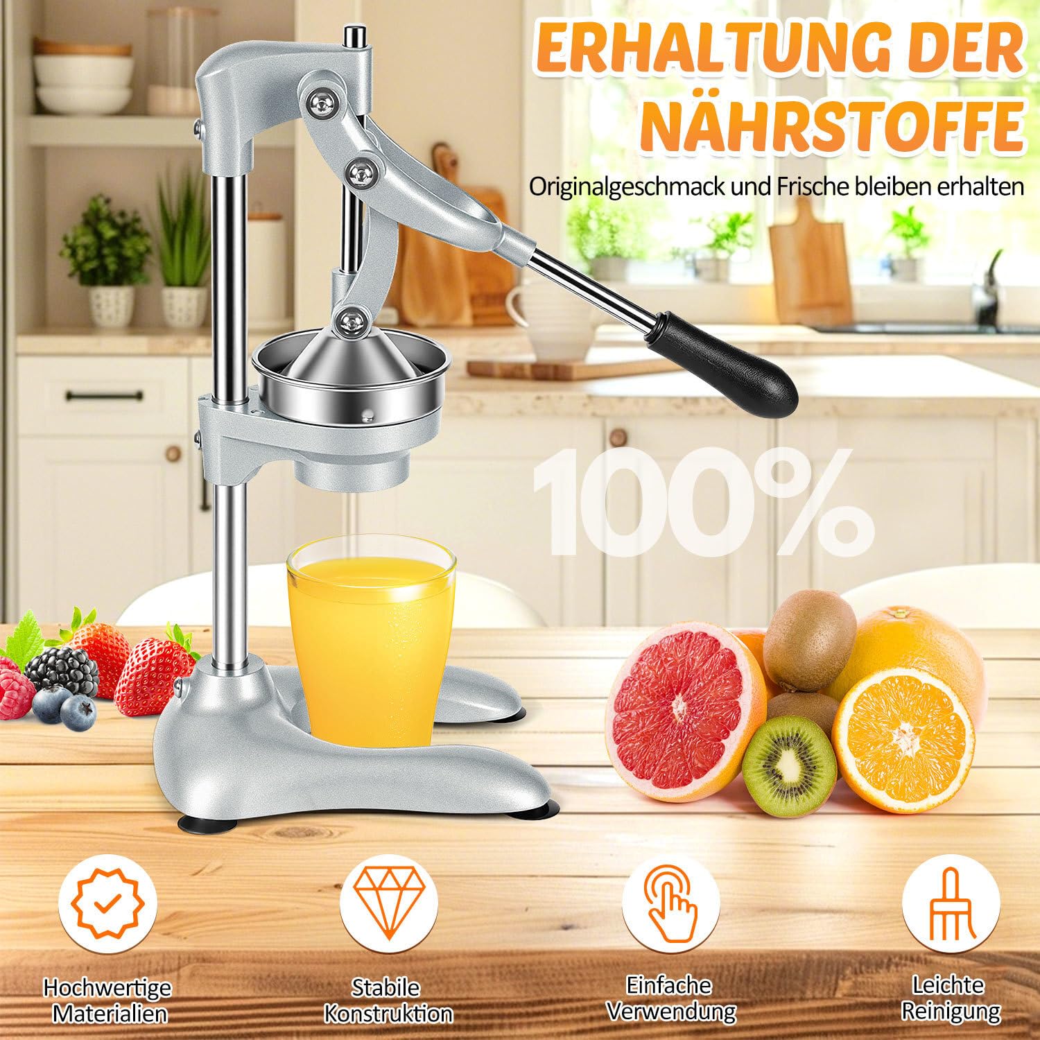 Ręczna wyciskarka do soków ze stali nierdzewnej | wydajna wyciskarka do soków z 2 głowicami | cicha wyciskarka do pomarańczy ręczna z zasadą grawitacji | świeży sok z owoców cytrusowych i