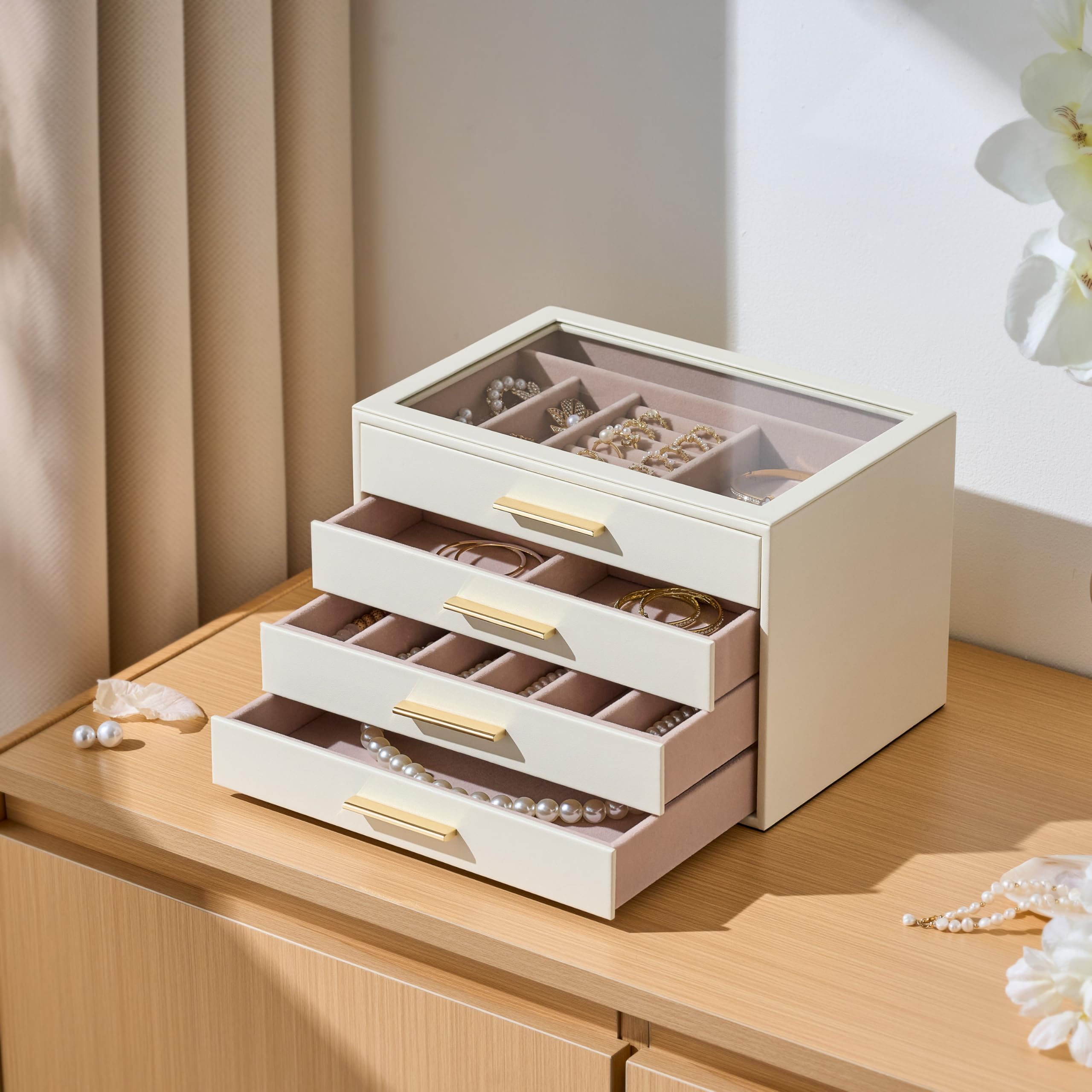 Joyero Organizador para con Ventana de Cristal, Caja Guardajoyas de 4 Capas | Cuero Blanco Marfil y Terciopelo Rosa - Estuche Organizador de Joyas para Anillos, Pendientes, Collares, Pulseras y Relojes,