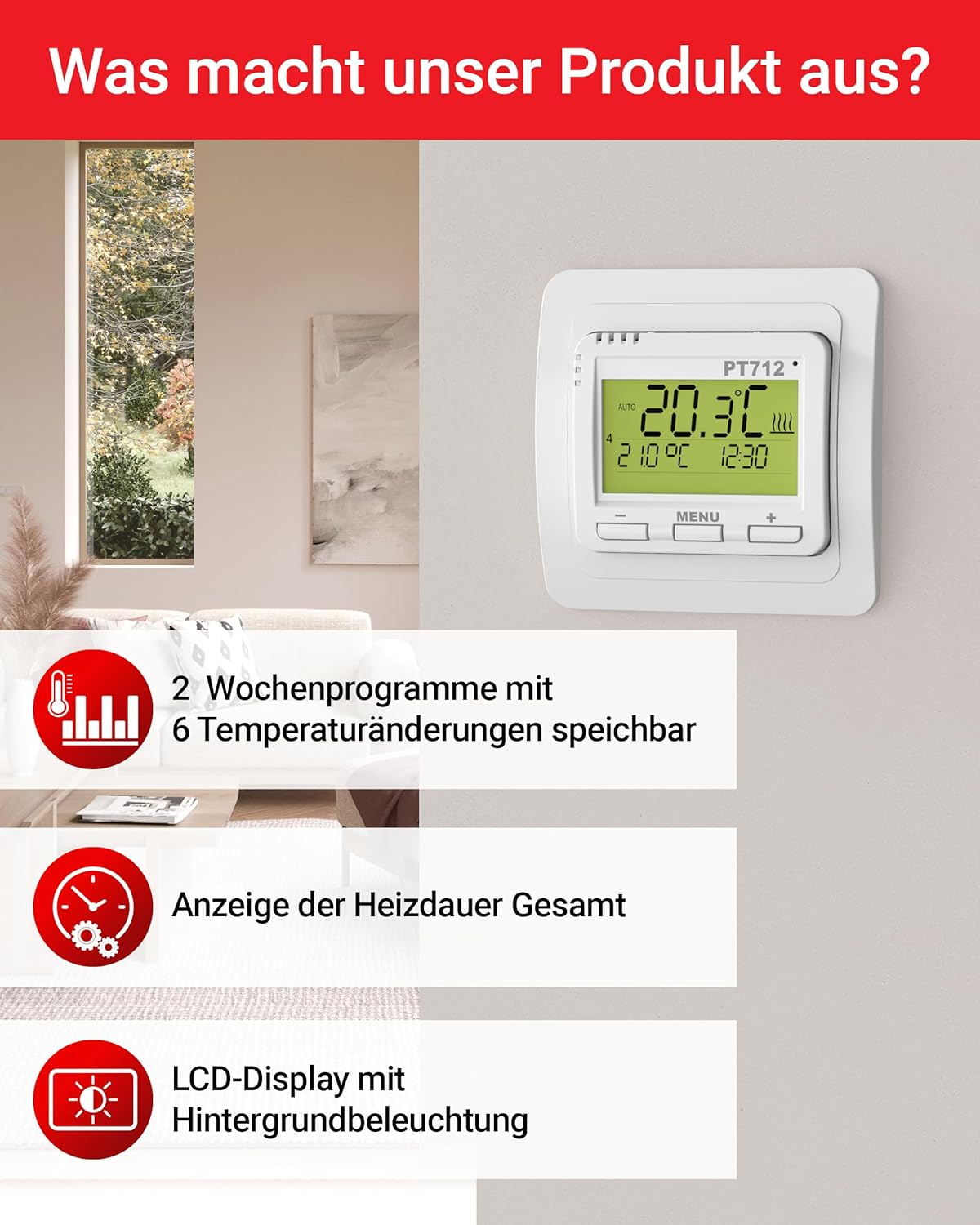Elektrobock PT712 Thermostat displaying features: 2 weekly programs, heating duration, and backlit LCD.