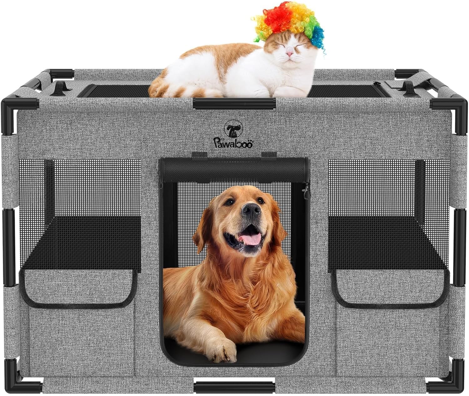 Pawaboo Box per Cani Cassa per Animali Domestici Extra Large, Cuccia per Cani in Rete, PVC Ispessito Telaio del Tubo Tenda, Recinto per Animali Domestici Traspirante, Grande, Nero & Grigio