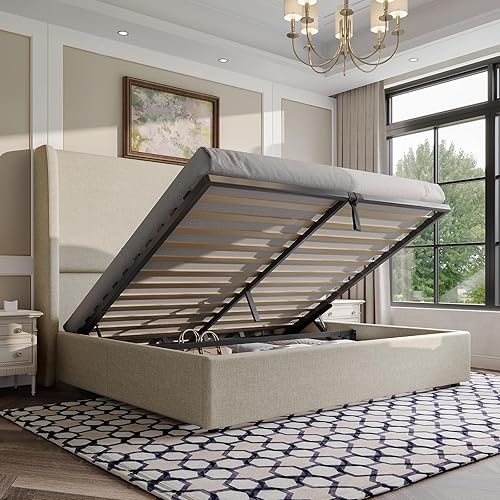 AMERLIFE Lift Up Storage Bed Queen Size Linen Upholstered Platform Bed Frame, Hydraulic Storage,Modern Wingback Headboard, No Box Spring Needed, Khaki