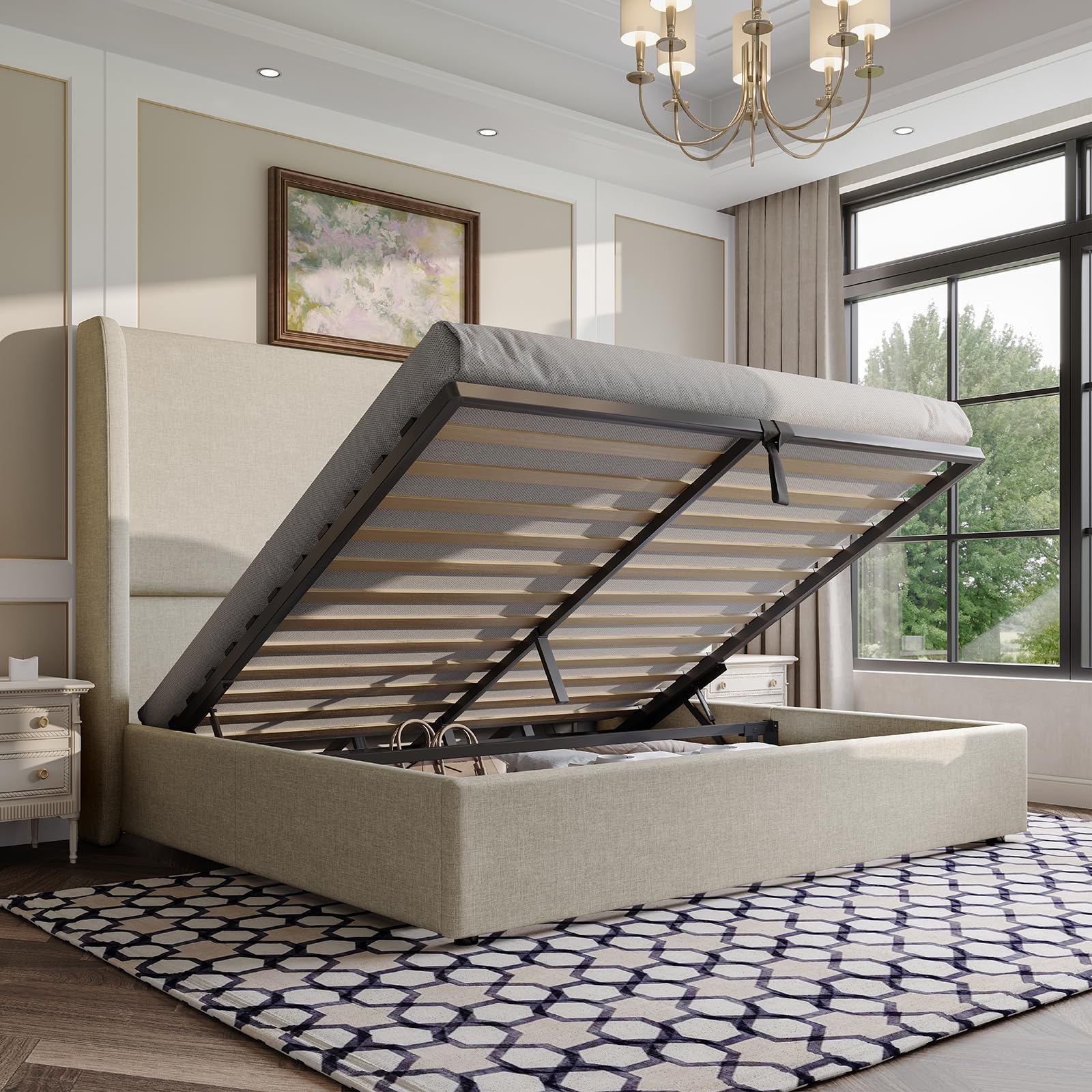 AMERLIFE Lift Up Storage Bed Queen Size Linen Upholstered Platform Bed Frame, Hydraulic Storage,Modern Wingback Headboard, No Box Spring Needed, Khaki