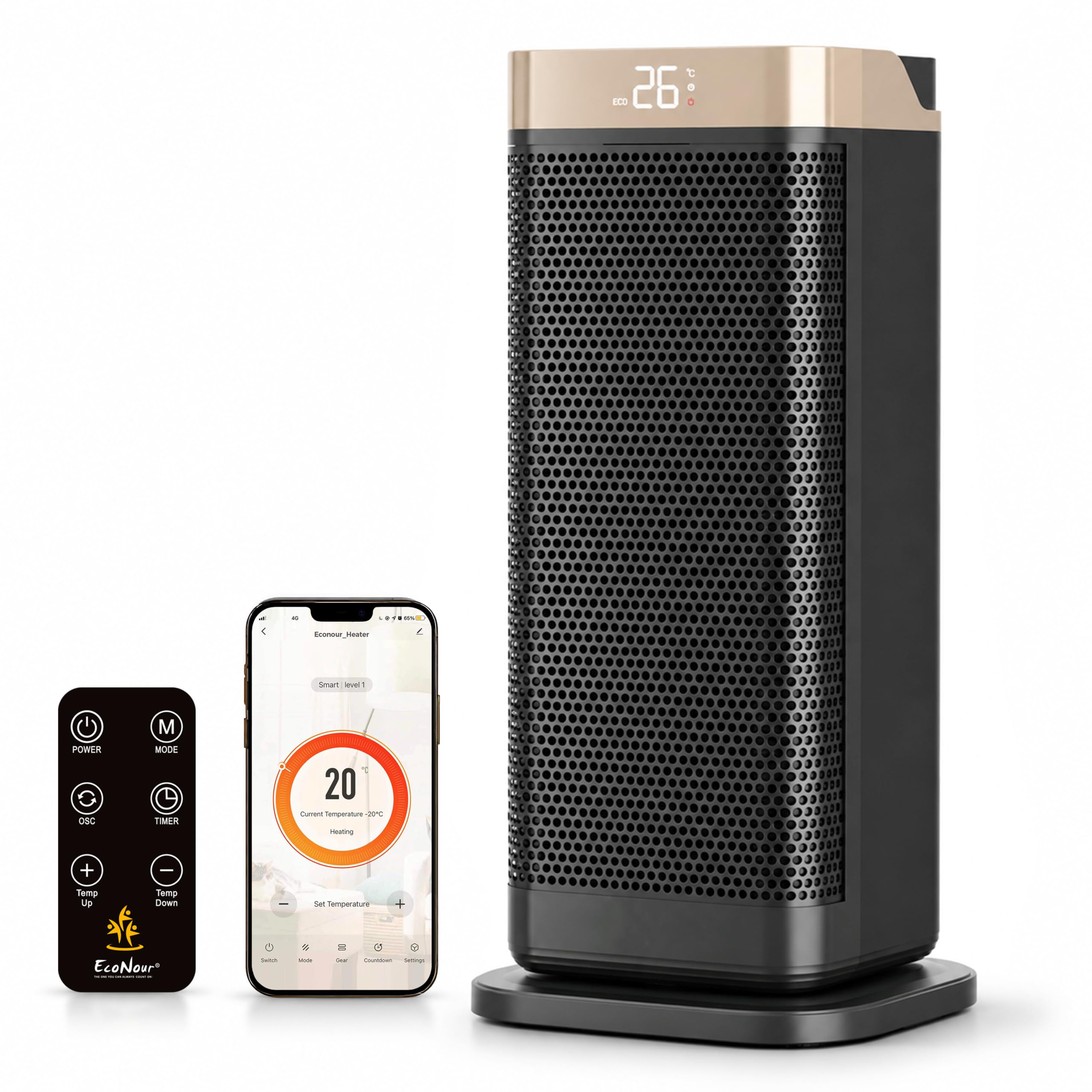 EcoNour 16" Space Heater for Home Low Energy Silent, 1500W WiFi Smart Electric Heater, Portable PTC Ceramic Heater with App & VoiceControl, Thermostat, 12H Timer, 4 Modes, Bedroom Office Conservatory