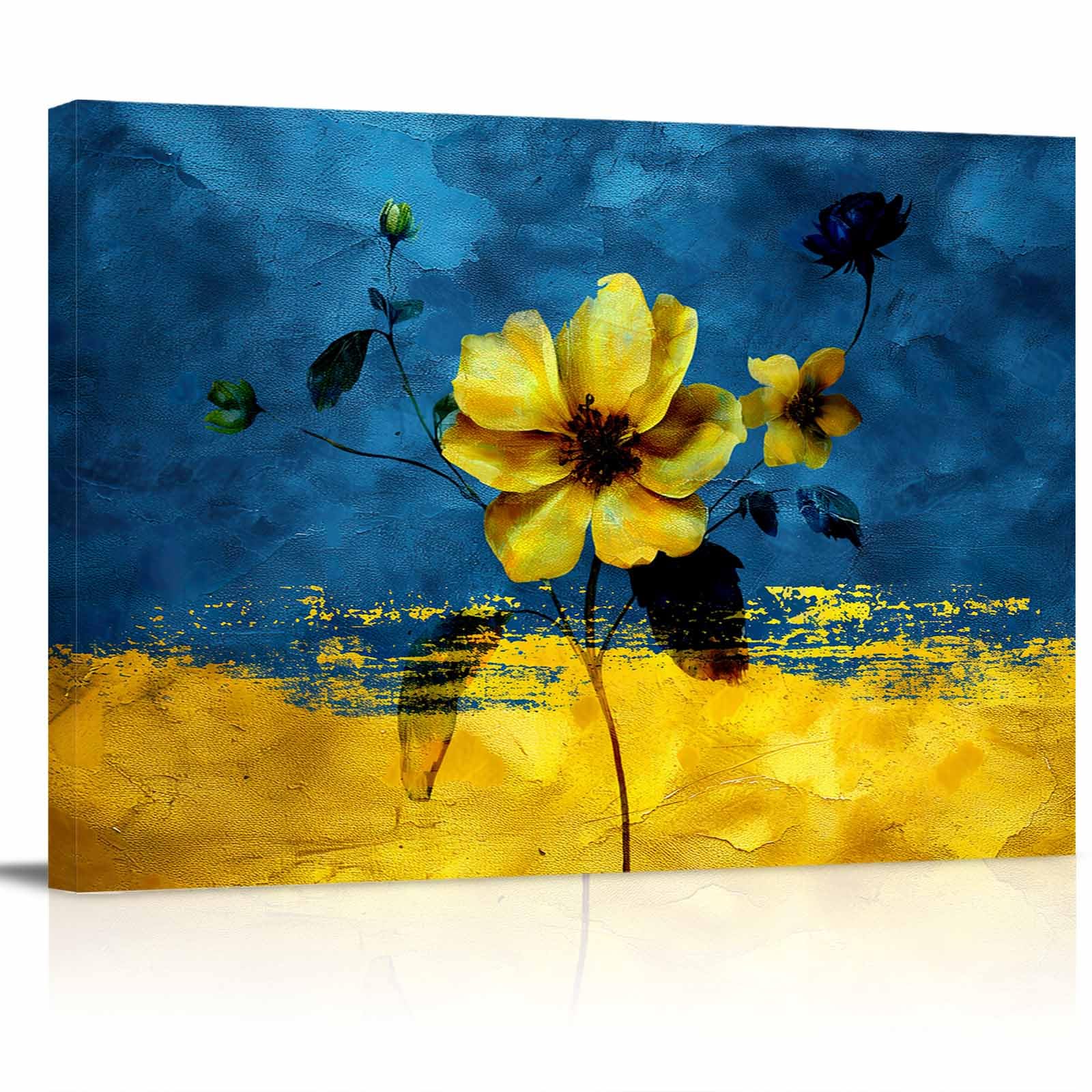 Photo 1 of ***FACTORY SEALED***Canvas Printed Wall Art,Spring Blossom Flower Blue Yellow Oil Painting Prints Framed Picture,Oil Painting Floral Art Painted Artwork for Home Bedroom Living Room Decor