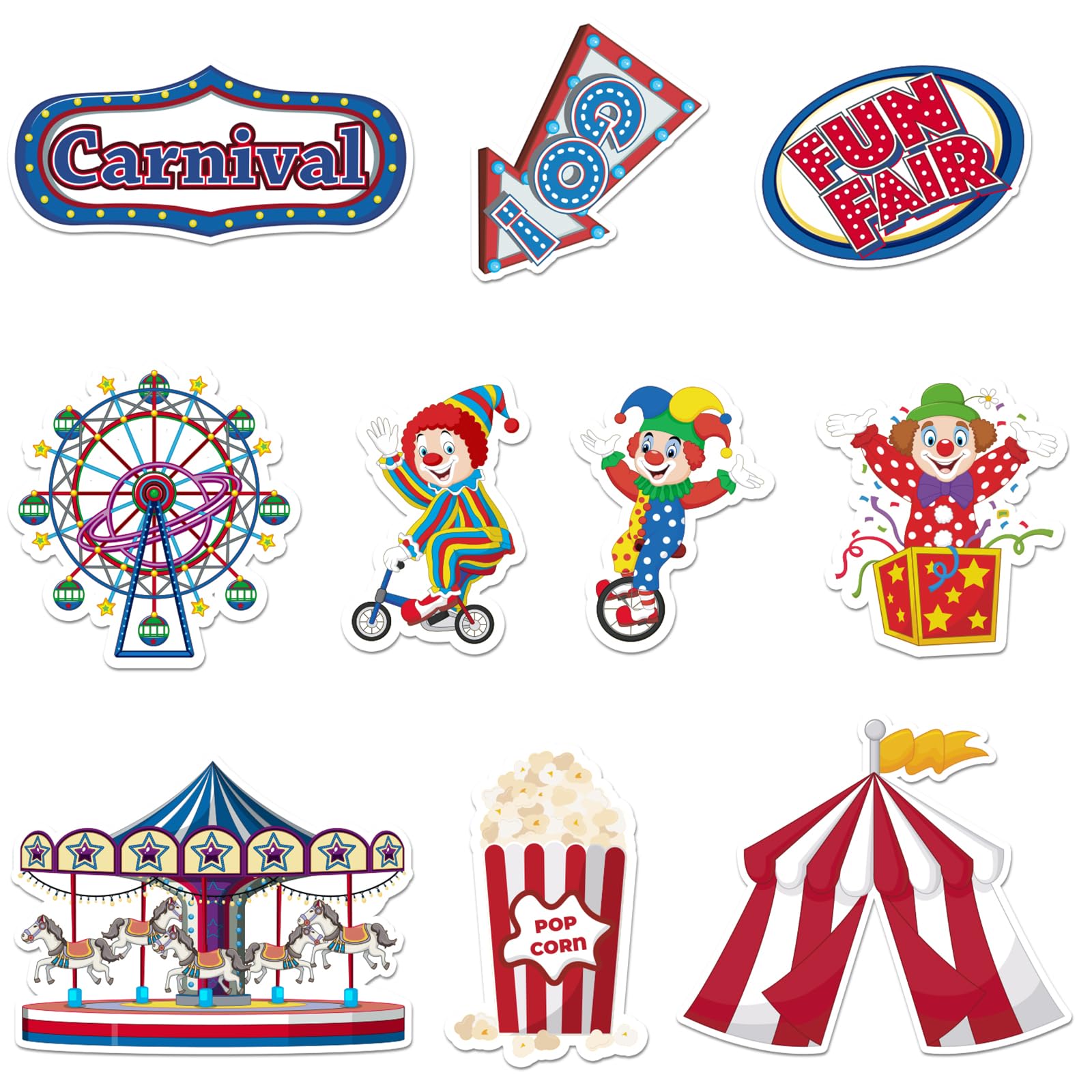 ALIBBON 40 Pieces Carnival Cutouts 10 Styles Circus Theme Birthday Party Supplies Clown Carousel Ferris Wheel Cut-Outs for Carnival Theme Party Favors