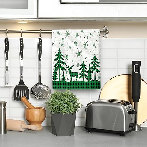 Miniatura 4 de Juego de toallas de cocina de Navidad con diseño de búfalo, color verde y rojo, absorbentes con lazo para colgar, toallas de mano de Navidad, paños