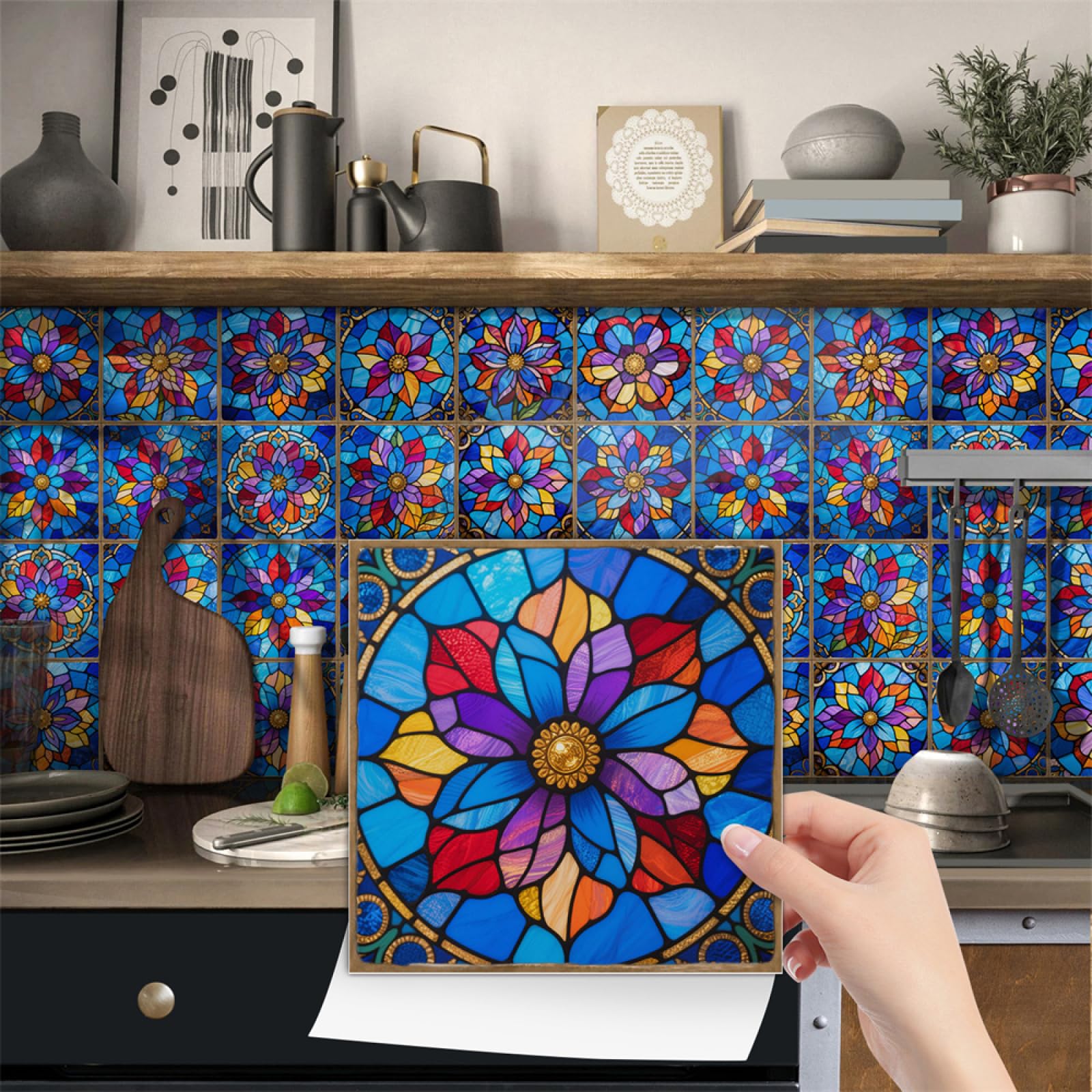 Tile Decals, Blue Purple Tile Stickers Transfers,Peel and Stick Wall Self Adhesive Vinyl Home Decor(20X20CM/24PCS)