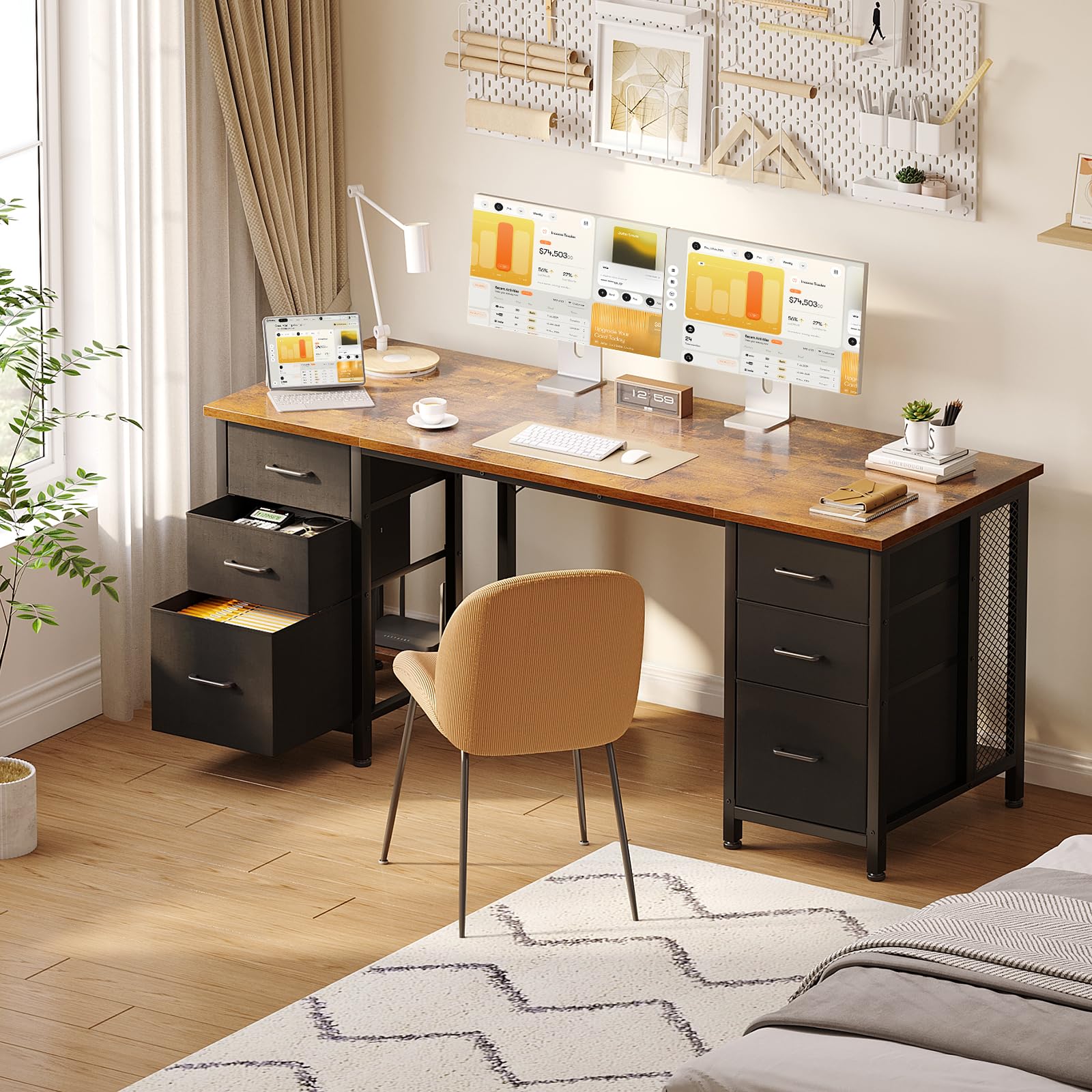 Coleshome Biurko z 6 Szufladami, 160x52 cm Biurko Komputerowe z Miejscami do Przechowywania, Biurko do Domowego Biura, Brązowy | Stół komputerowy z szufladami, dolną półką i dużą ilością miejsca do pracy, nauki lub kreatywności.