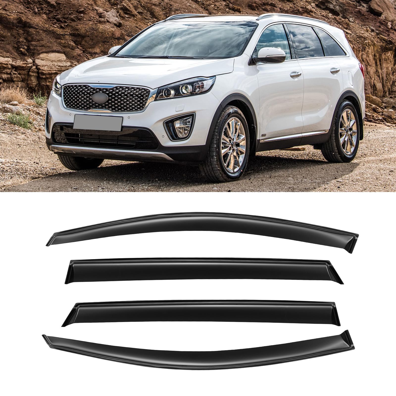 CMVT Auto Window Visors for 2016-2020 Kia Sorento, Rain Guards Shields Vent Shade Deflector Dark Smoke 2017 2018 2019 16 17 18 19 20, Tape-On 4PCS