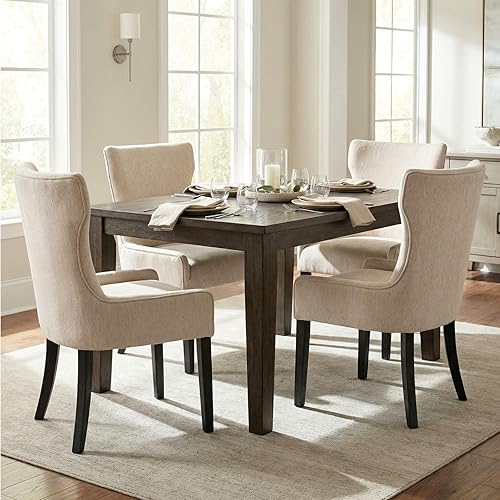 Miniatura 9 de Juego de 4 sillas de comedor de madera, sillas de comedor tapizadas con respaldo de ala y patas de madera de caucho, silla decorativa de madera