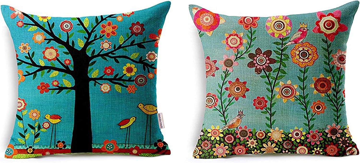Set of 2 Oil Painting Black Large Tree and Flower Birds Square Cotton Linen Throw Pillow Case Cushion Cover Outdoor Sofa Home Sofa Decorative 18 X 18 Inch (1)
