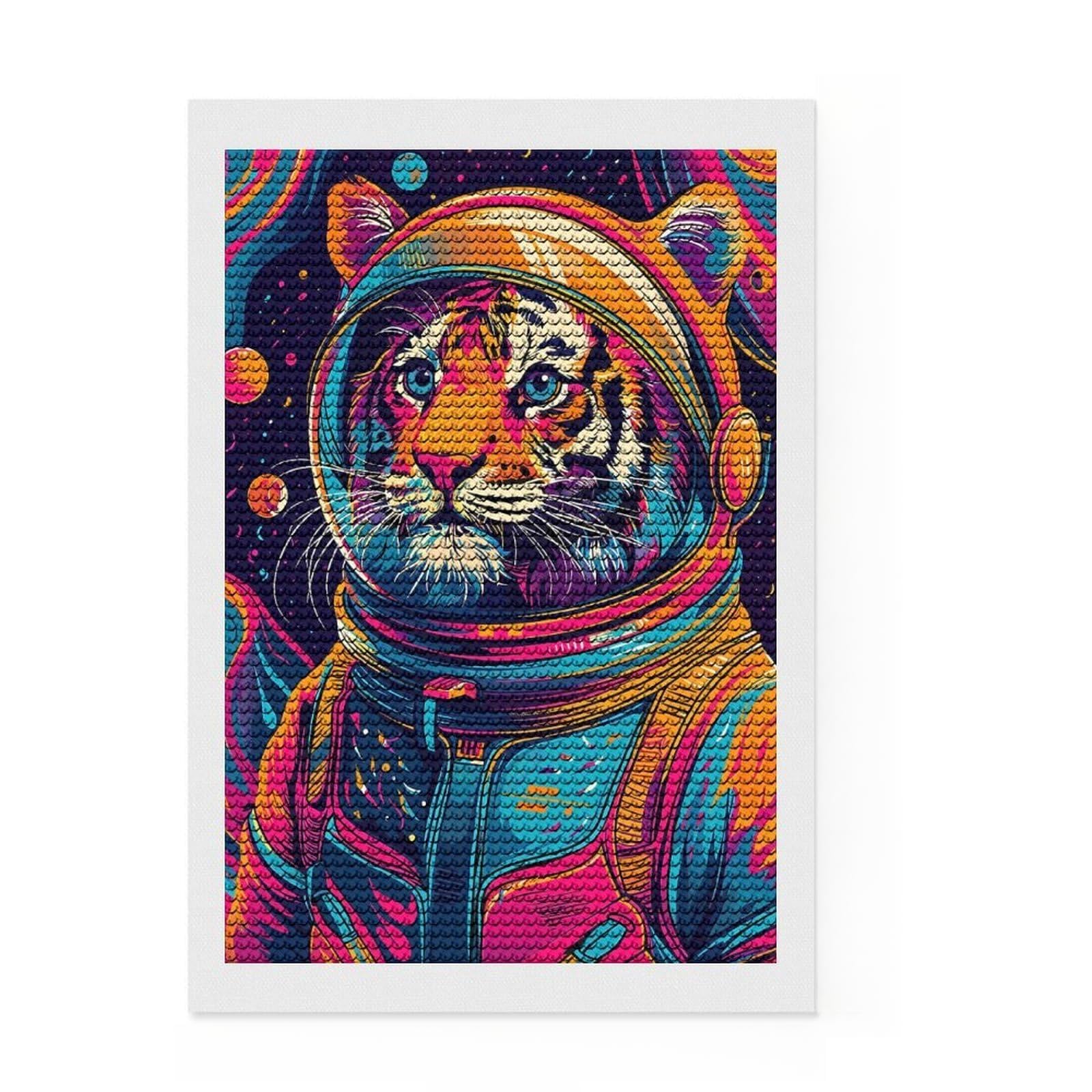 Junmoney Astronaut Space Tiger Diamond Painting Canvas Set 8"x12", Vintage Style Decor, for Beginners, Creative Leisure Activity, Christmas Gift