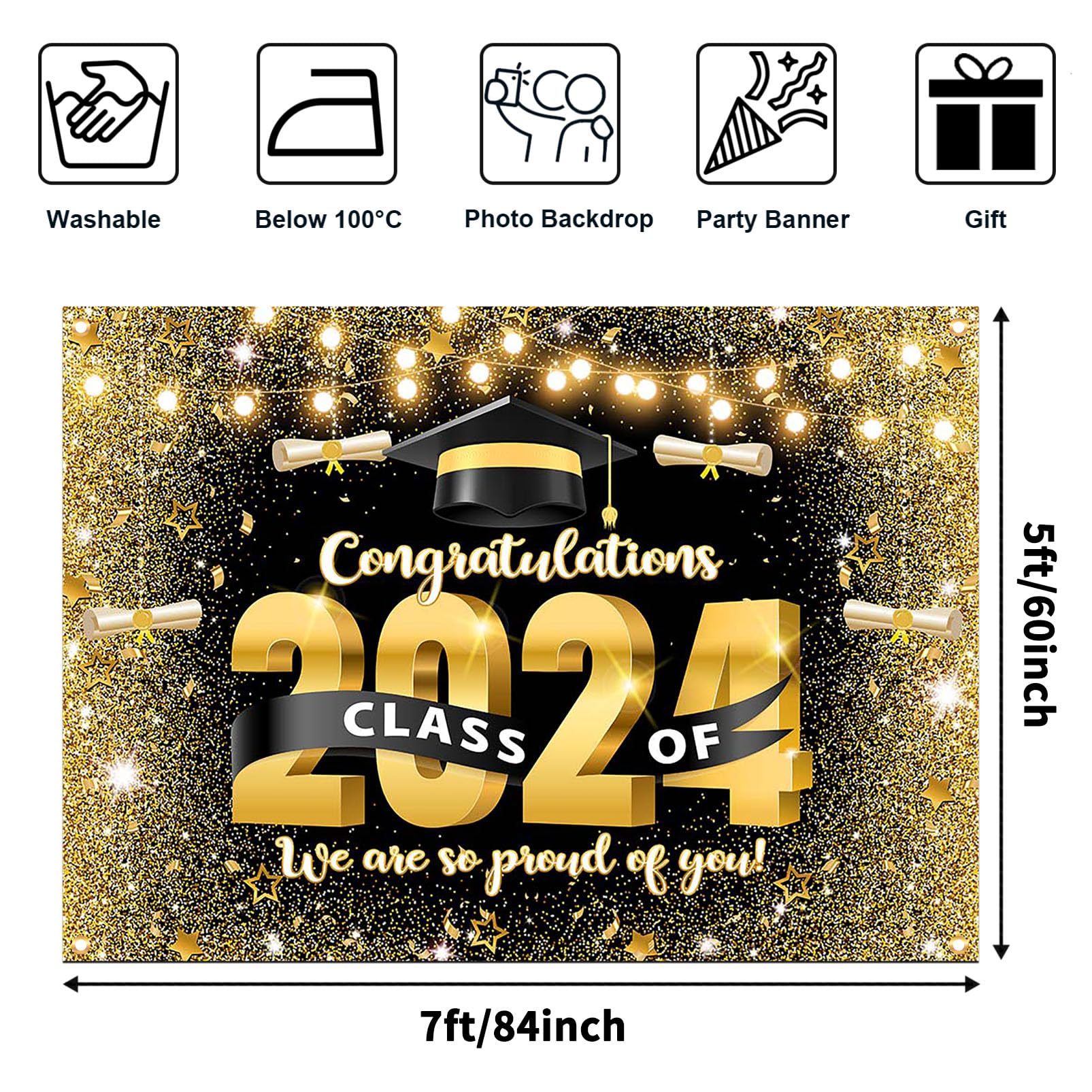 Avezano Black and Gold Graduation Backdrop Congrats Grad Class of 2024 Party Decorations Golden Glitter Graduation Prom Party Photoshoot Background We are So Proud of You Banner (7x5ft)