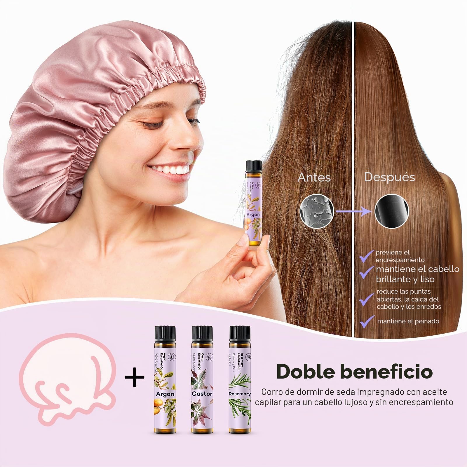 Umisleep 22 Momme Gorro de Seda para Dormir & Set de Aceite Capilar, Gorro de Noche 100% Seda de Morera, Transpirable y Ajustable, con 3 x 10 ml de Aceite Capilar Puro (Romero, Ricino y Argán)