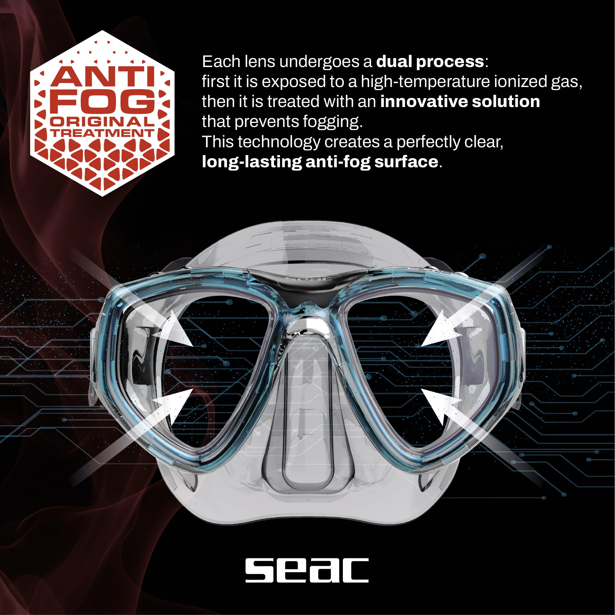 SEAC Clear – Maschera Subacquea Antiappannamento Doppia Lente in Silicone | Maschera per Immersioni e Snorkeling Antifog Low Volume