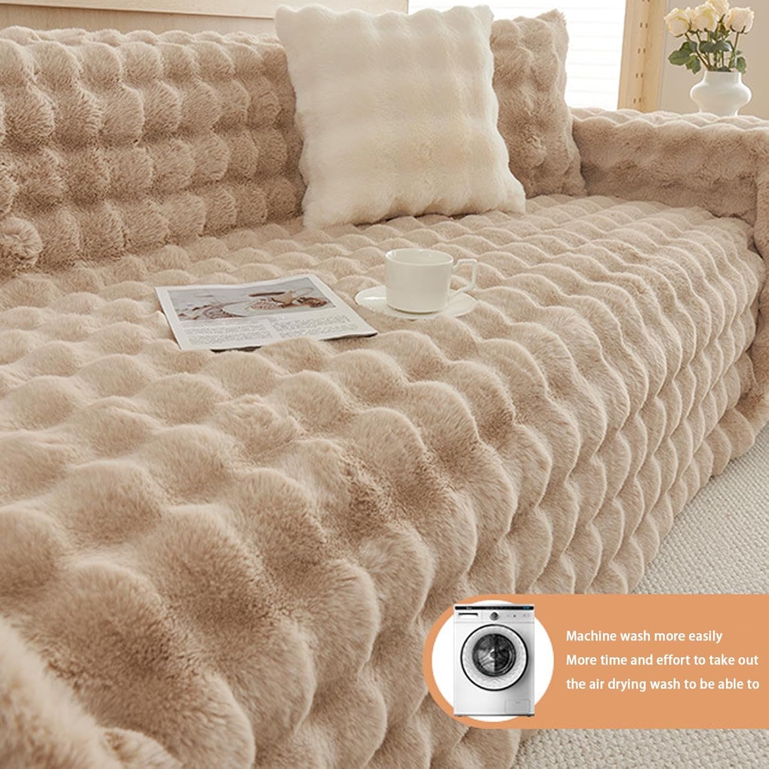 Thickened Rabbit New Sofa Cover, Machine Washable, Ultra Soft Warm, for Sectional Living Room, Winter Home Decor Curry 180 * 460cm