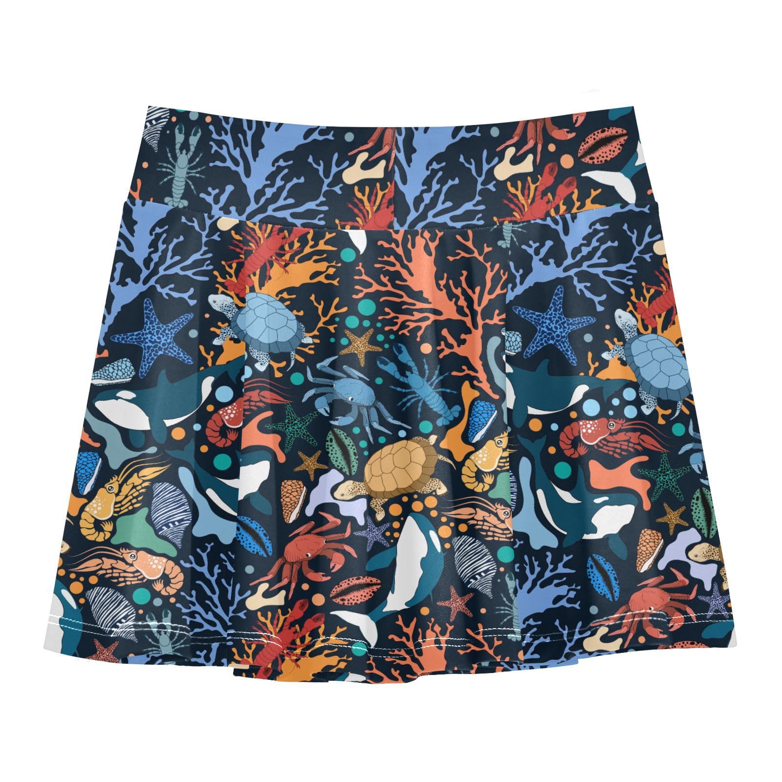 Aflyko Girls Pleated Skater Skirt Summer Turtle Crab Lobster Coral High Waist Cheerleading Dress Dance Skort with Lining Shorts Weekend Date Outfit Short Bottoms, 9-10Y