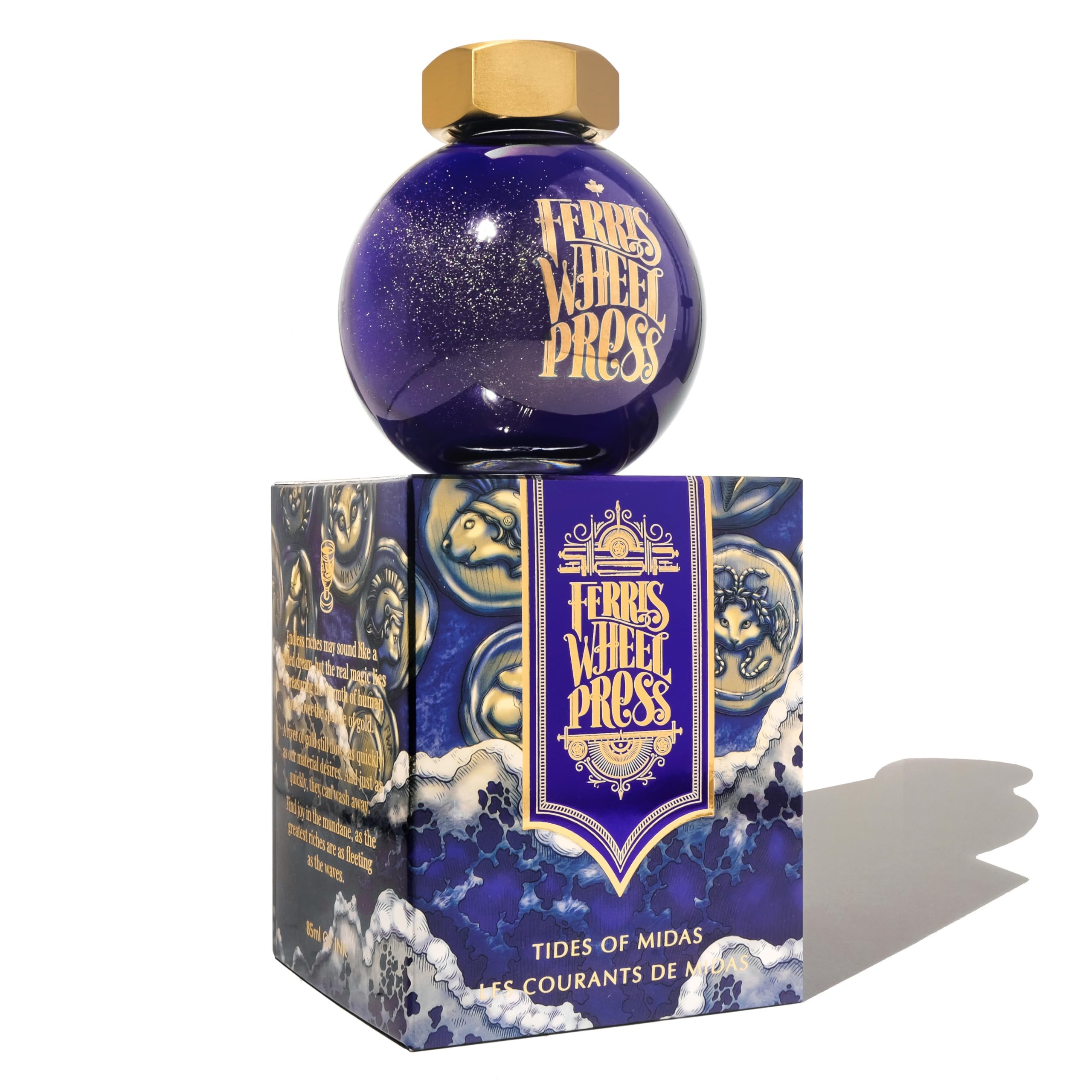 Ferris Wheel Press Ink, FerriTales Collection, Tides of Midas, Lapis Blue with Gold Shimmer, 85ml Fountain Pen Ink Bottle — image 1