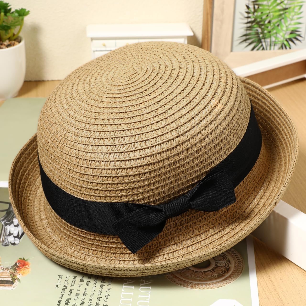 STOBOK Women S Straw Bowler Hat with Bowknot Dome Roll-up Wide Brim Sun Hat Lightweight Summer Beach for Outdoor Activities - Image 9