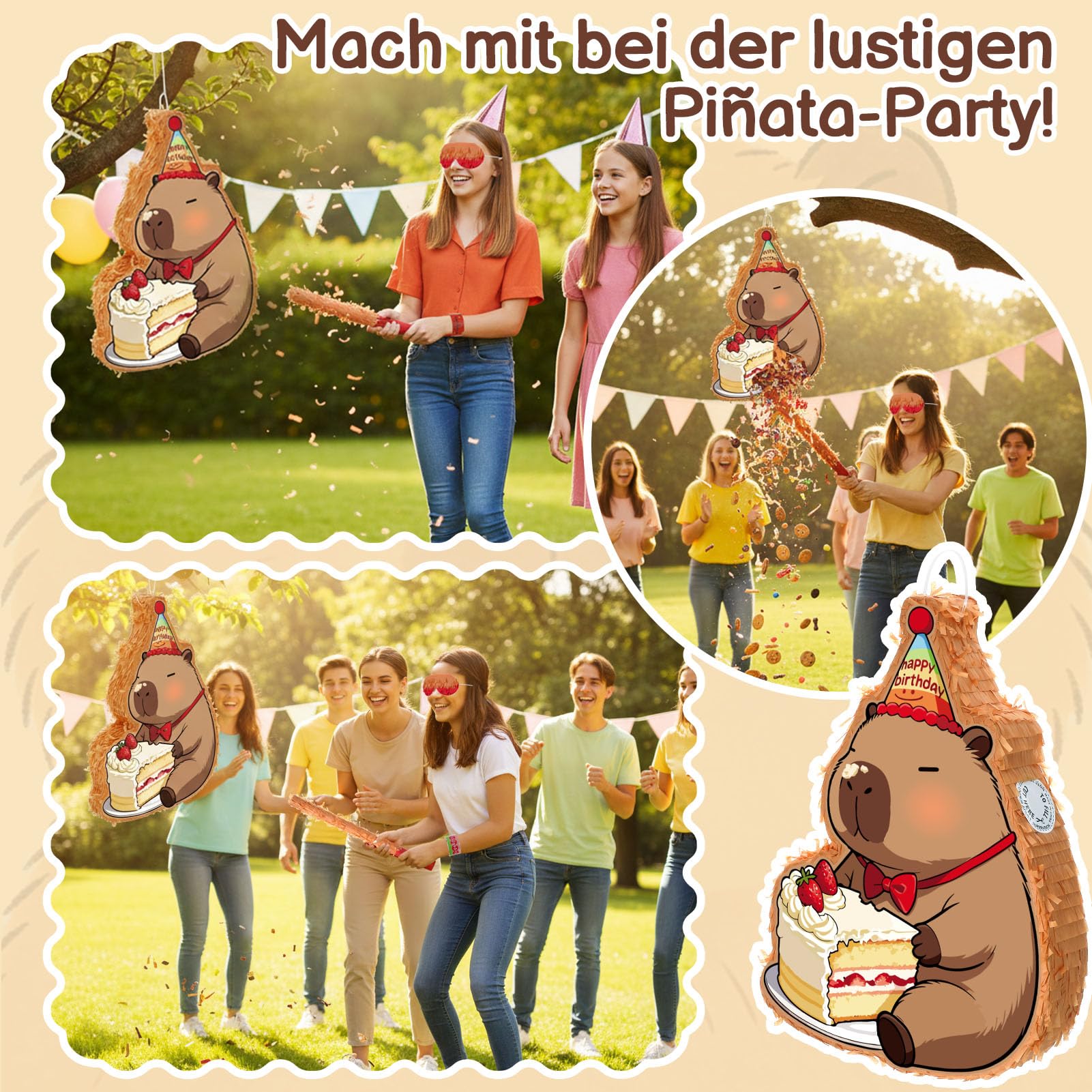 Pinata Geburtstag mit Stab & Maske, Capybara Pinata Set mit 96 Capybara Füllungen, Partypinata zum Aufhängen Befüllen, Piñata als Party Deko in 43x31x7 cm