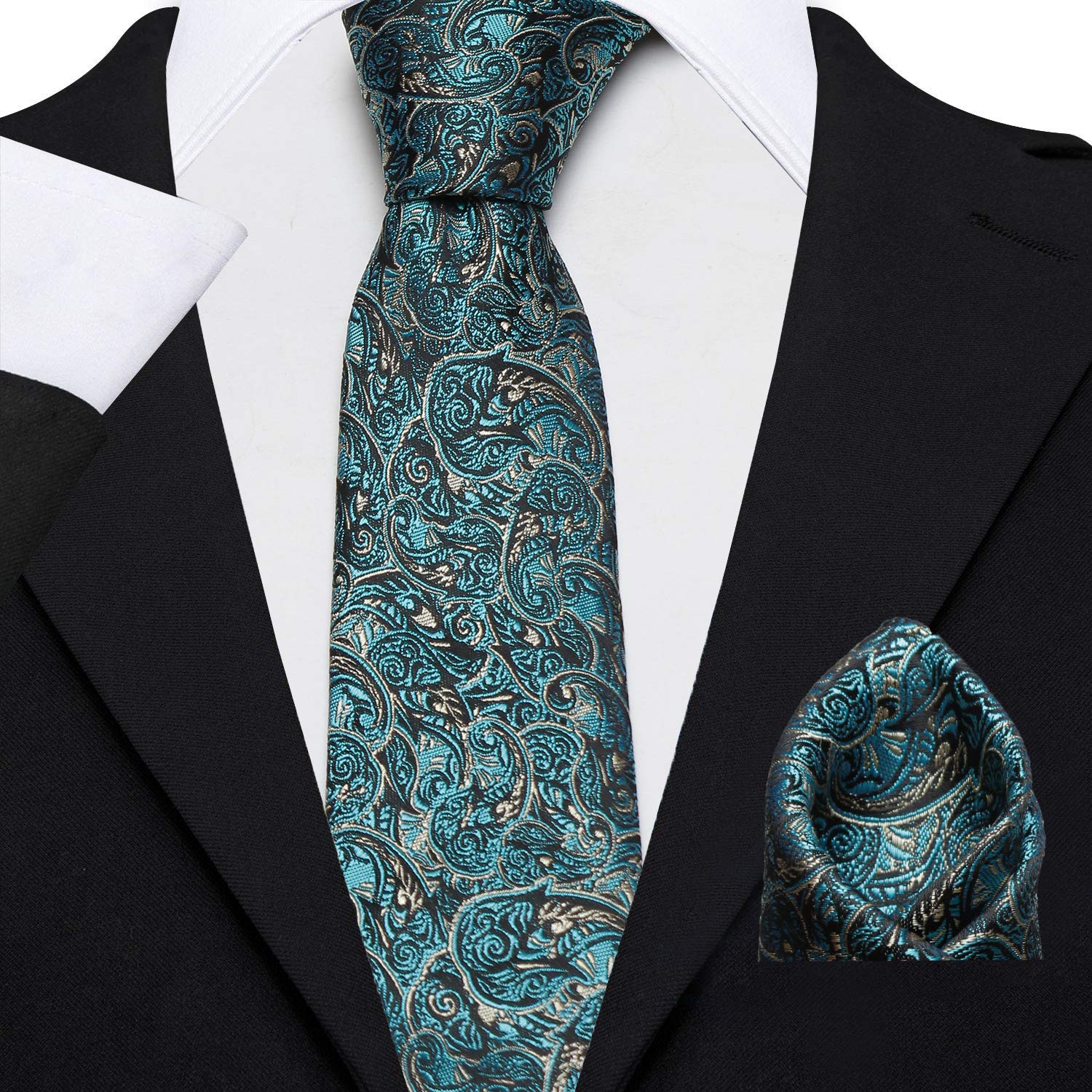 Men's Micro Polyester Paisley Necktie Set with Pocket Square and Brooch Pin (Cyan, Free Size)-image-24