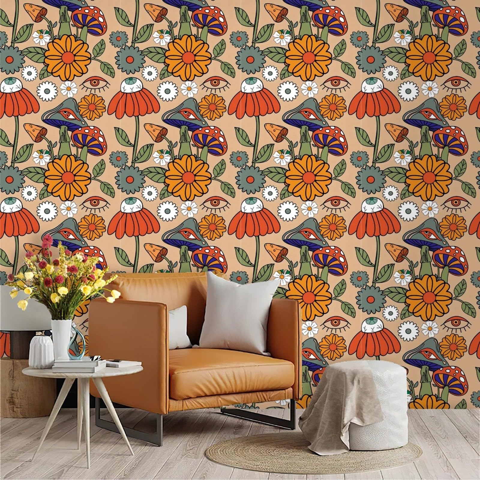 Zahhyg Orange Wallpaper Flower Peel And Stick Self Adhesive Wallpaper For Living Room Waterproof Vinyl, Art Deco Thicken Sticky Back Plastic Removable