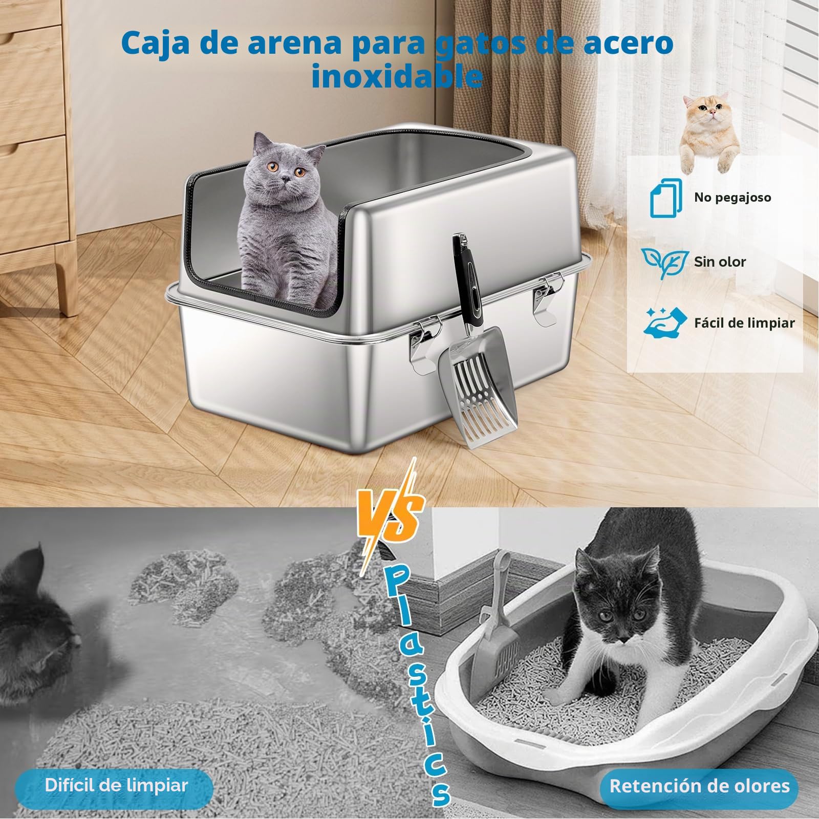 Caja de Arena para Gatos de Acero Inoxidable, 19.7''x13.8''x12'' Grande Medio Cerrado Bandeja de Metal extraíble con Carcasa de Alta página, Pala, antifugas, no pegajoso, fácil Limpieza
