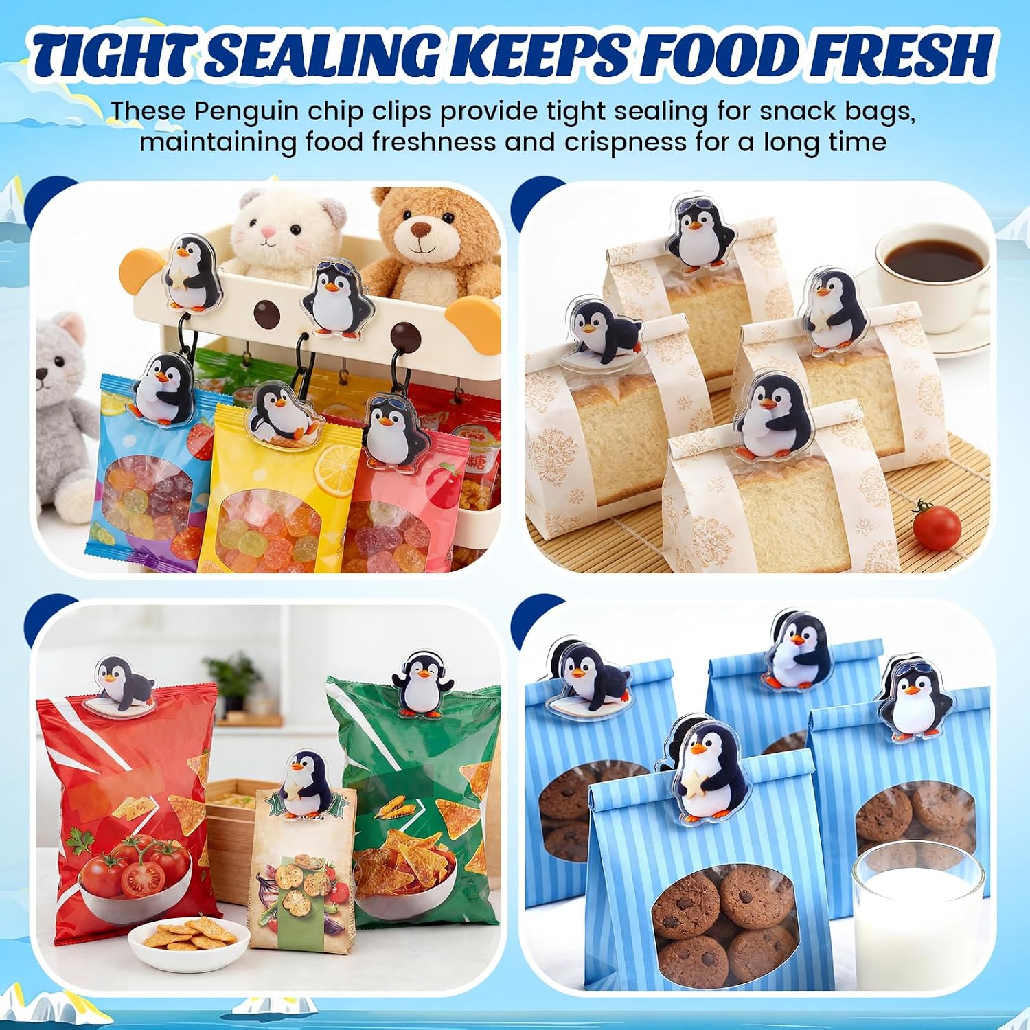 Relaxweex 18 Pack Cute Magnetic Chip Clips Penguin Bag Clips Funny Fridge Magnets for Kitchen Organization Snack Storage Photos Home Use