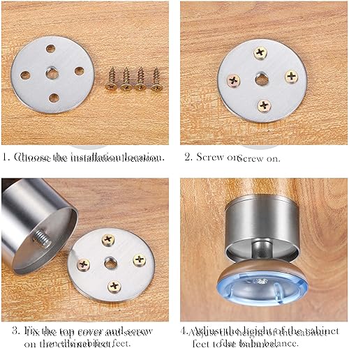 Miniatura 5 de 4 patas ajustables de metal para muebles, patas de gabinete de acero inoxidable redondas para gabinete, sofá, mesa, cocina, reemplazo de patas de