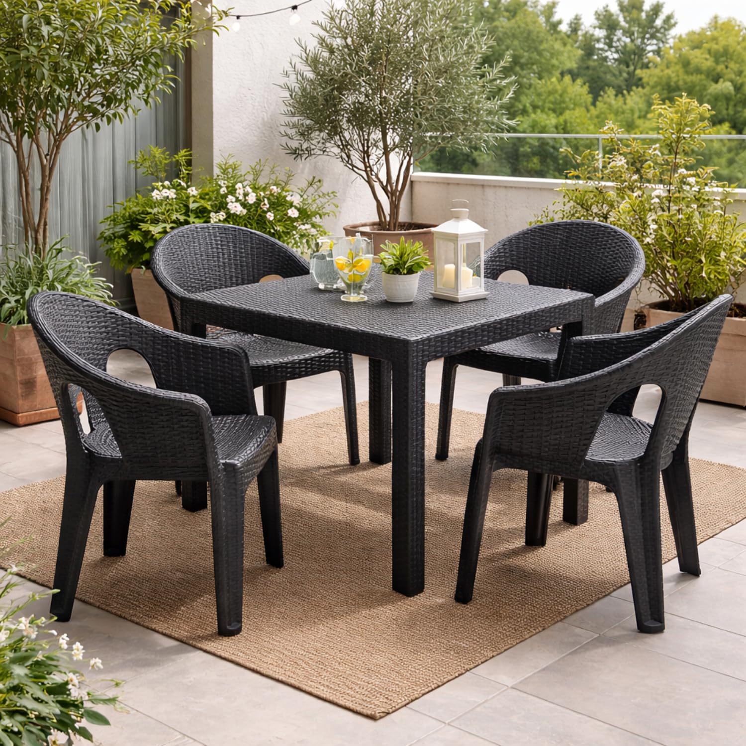 PALUPLUS Set 6 Sedie da Giardino in Polipropilene effetto Rattan colore Antracite, misura 56x47x81 cm, Sedia Impilabile, Schienale Basso e Braccioli per Esterno ed Interno, Portata 120 Kg -2622F -22