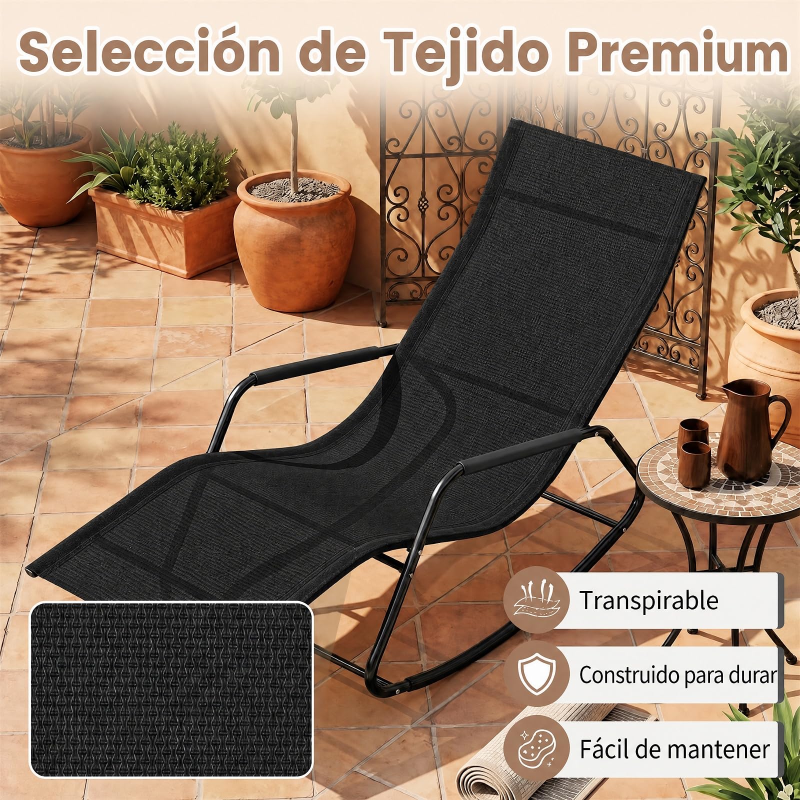GOPLUS Tumbona Mecedora de Jardín, Carga 160 kg, Silla Balancín para Exterior con Tejido Transpirable, Reposabrazos Curvos, Reposacabezas Desmontable, para Balcón, Terraza (Negro, 57x143x86 cm)