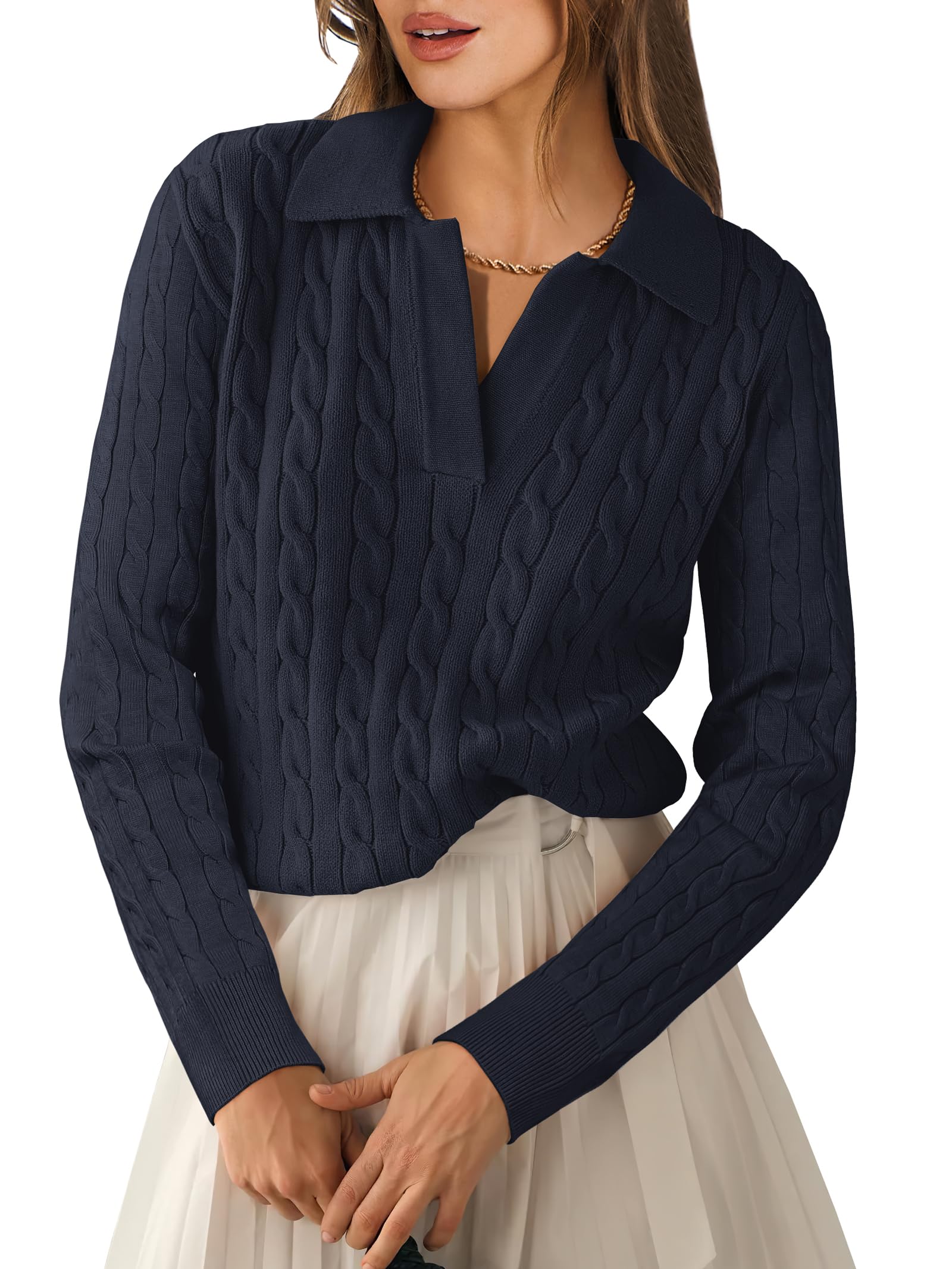 ANRABESS Womens Cable Knit Sweaters Long Sleeve V Neck Sweater Tops Casual Pullover Polo Shirts 2025 Fall Fashion