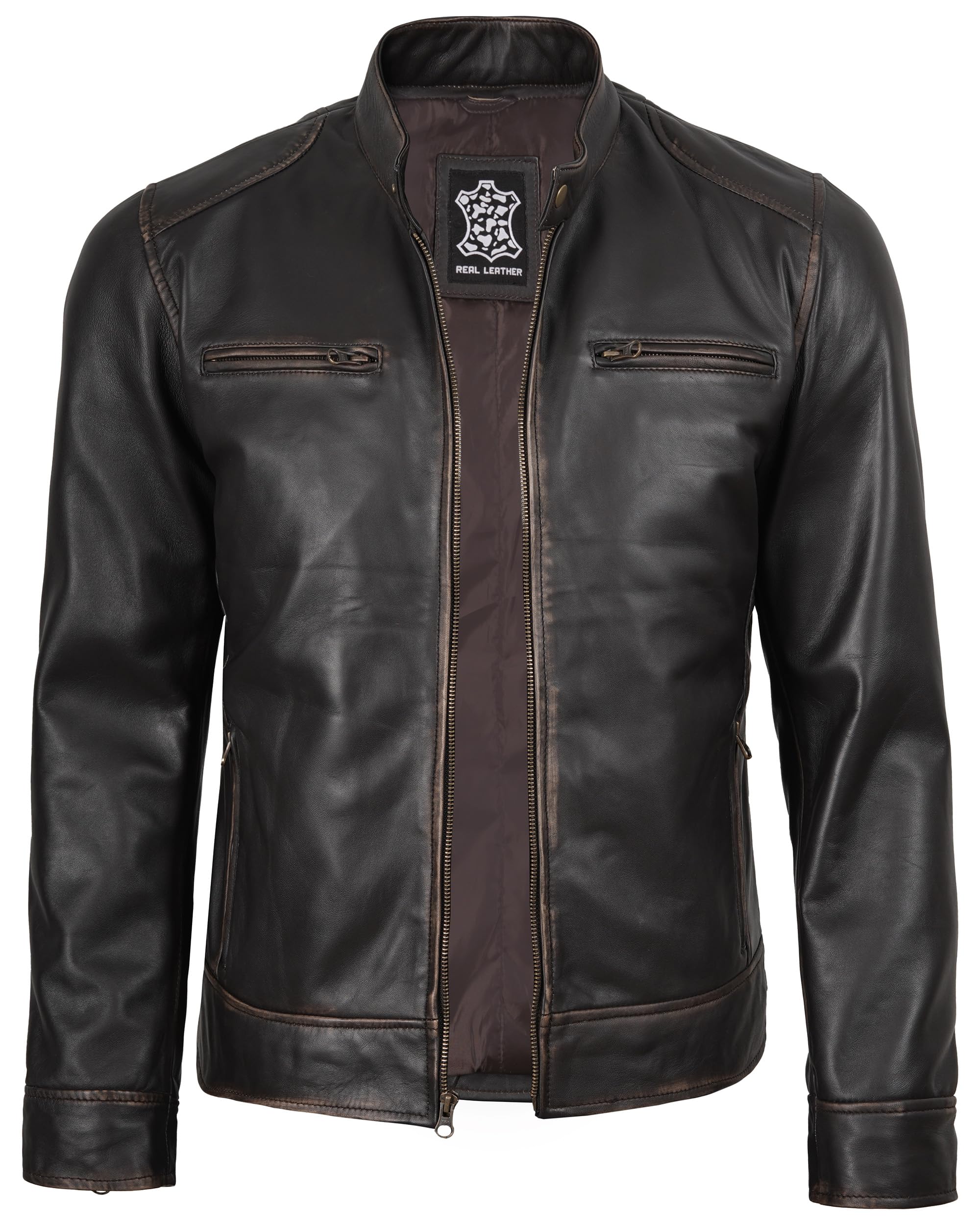Decrum Mens Leather Jacket - Cafe Racer Style Real Lambskin Leather Jacket Men
