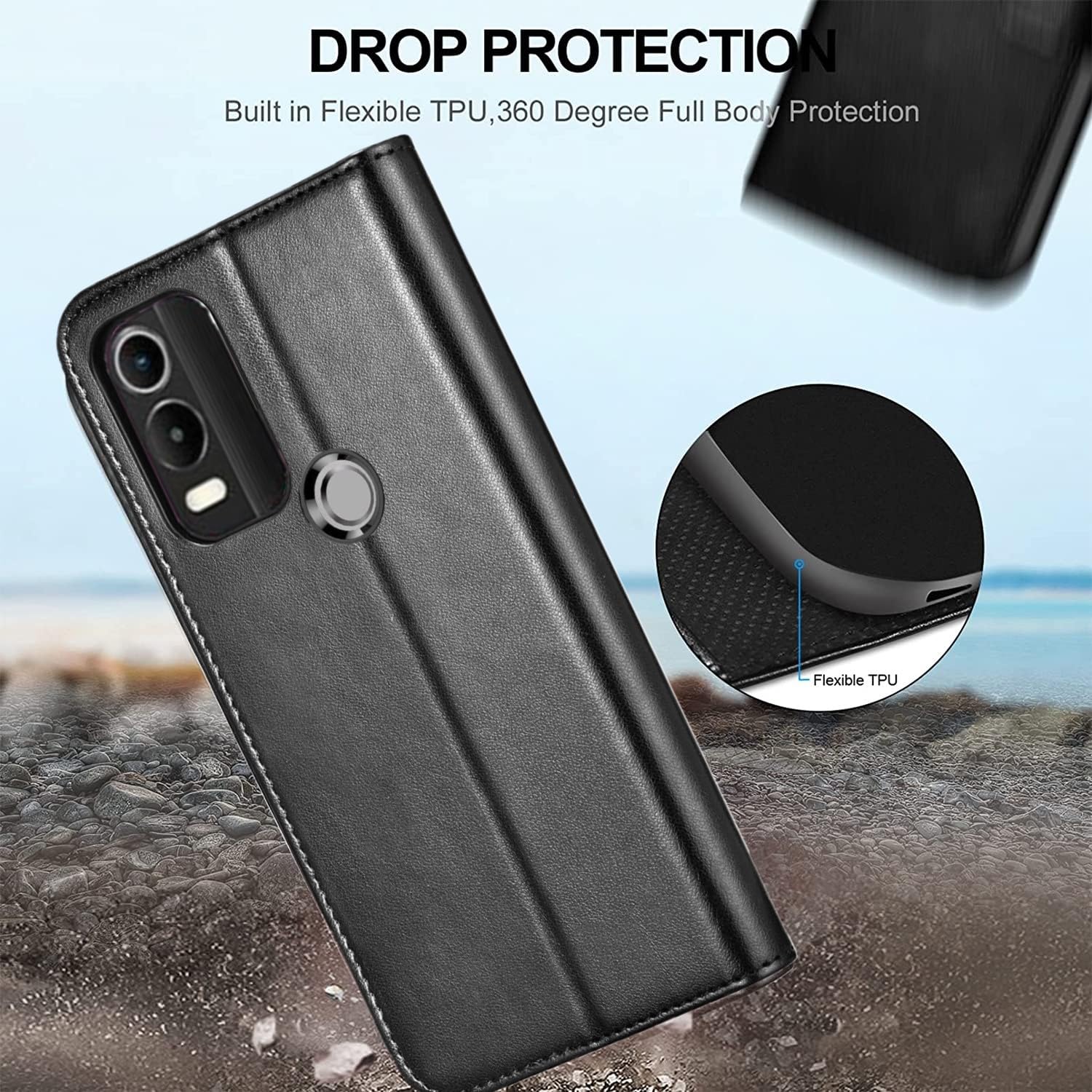 NWNK13 For Nokia C32 / C22 Case Leather Wallet Book Flip Stand View Phone Cover with Card Holder Slots Compatible with Nokia C22 (Black) - Image 4