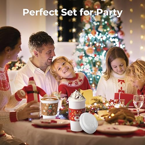 Miniatura 5 de Paquete de 50 tazas de café desechables de Navidad de 16 onzas con tapas y fundas de Navidad, vasos de papel de Navidad gruesos duraderos para