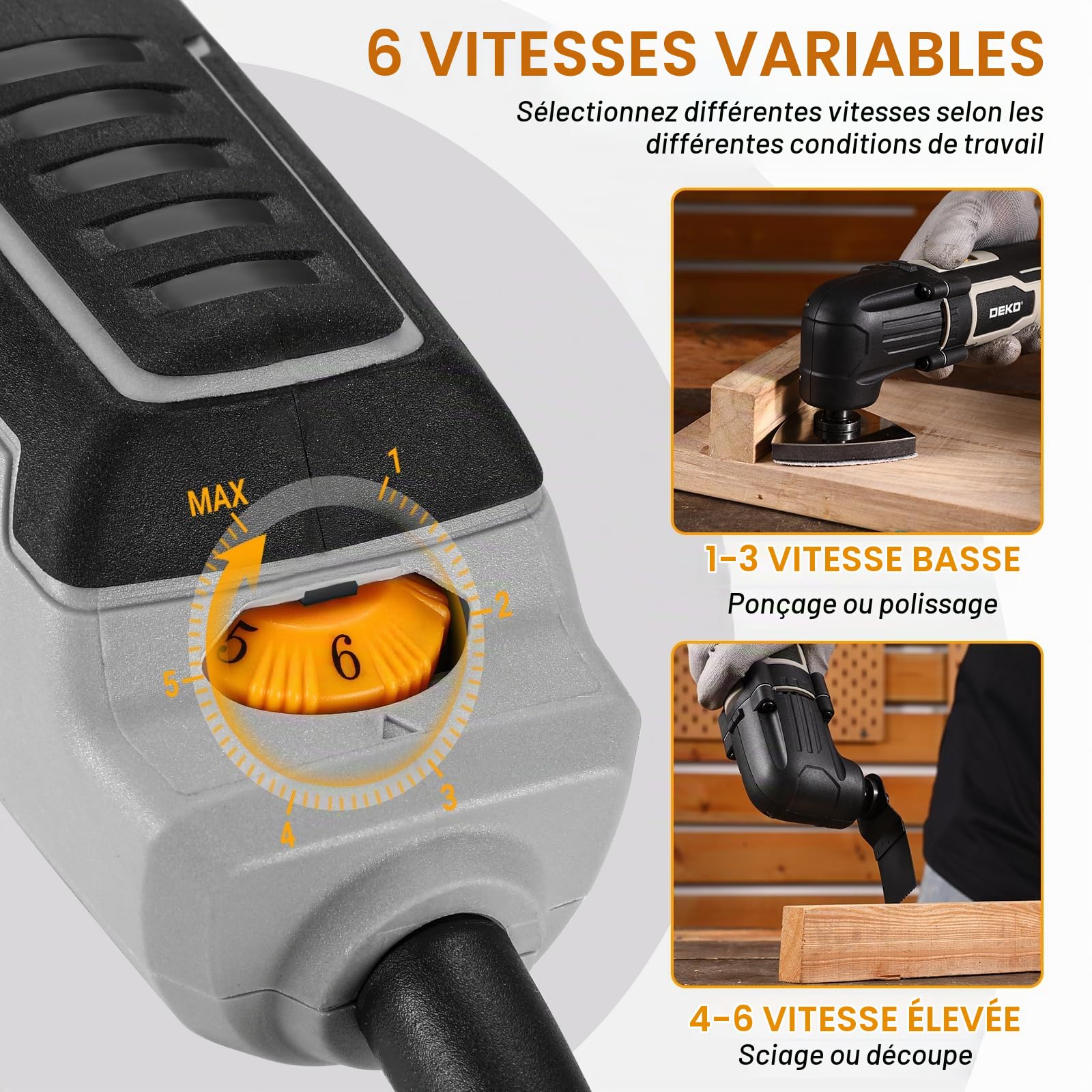 DEKOPRO Outil Multifonction Oscillant 300W: 3000-22000 RPM- Scie Oscillante Électrique Filaire, 6 Vitesses, Angle d'Oscillation 3°, pour Bois, Plastique et Métal
