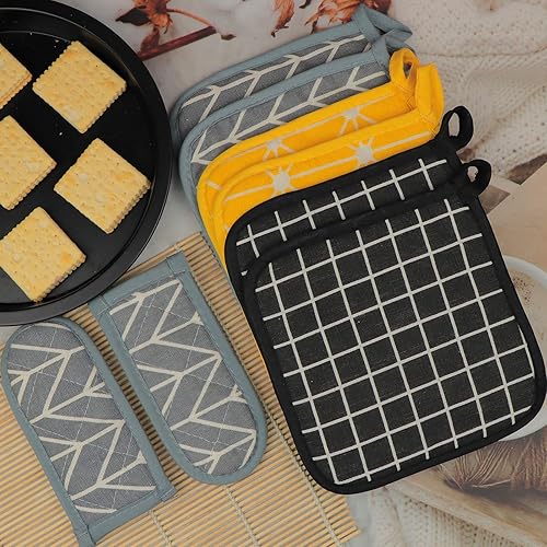Miniatura 9 de Juego de 6 manoplas para ollas de cocina resistentes al calor, con 2 agarraderas para mango caliente para cocinar y hornear, con forro de algodón