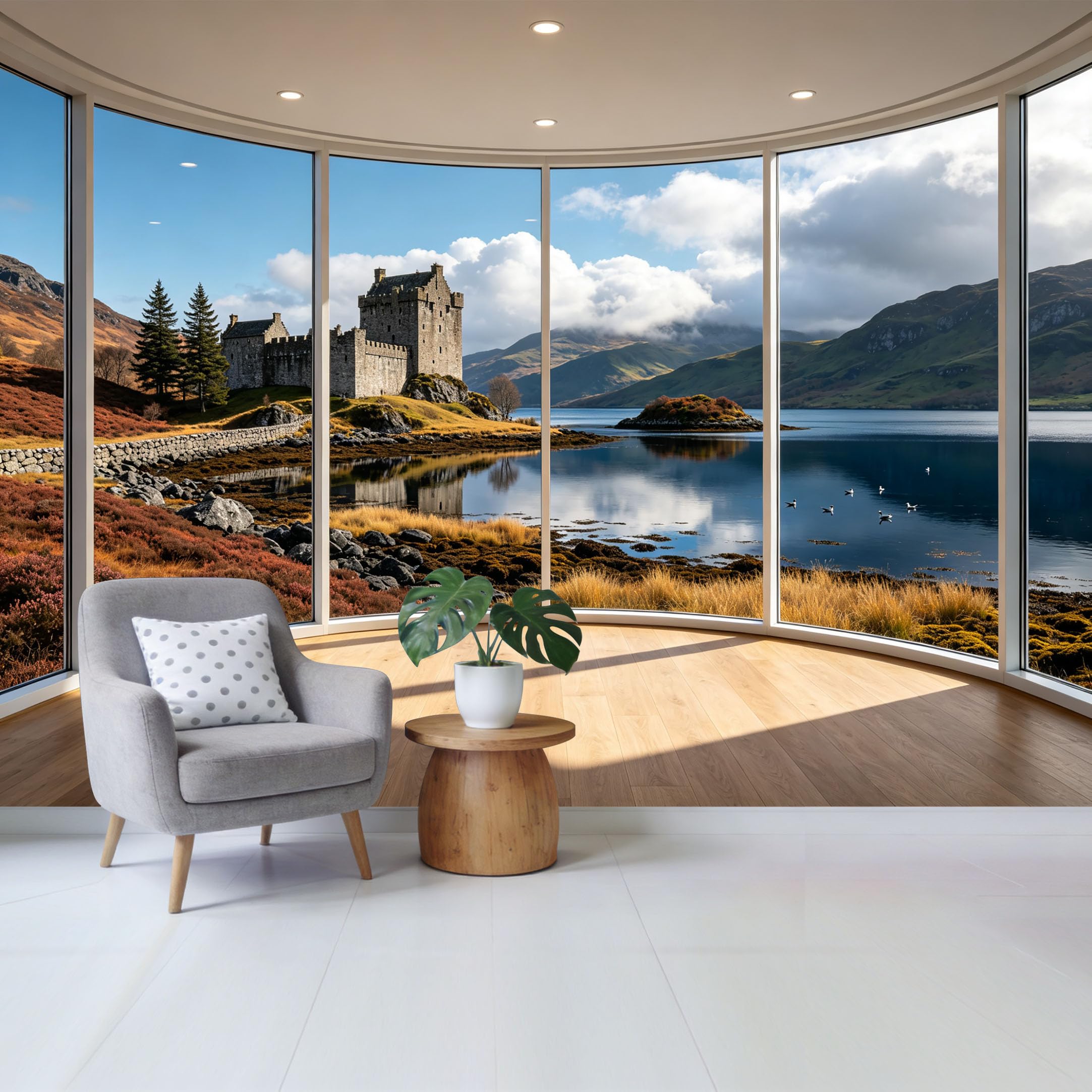 Removable Self Adhesive Fabric Mural， Scottish Highlands Castle Landscape Custom Size Wall Covering， UV Protected Waterproof Washable Wall Decor for Living Room Bedroom Bathroom