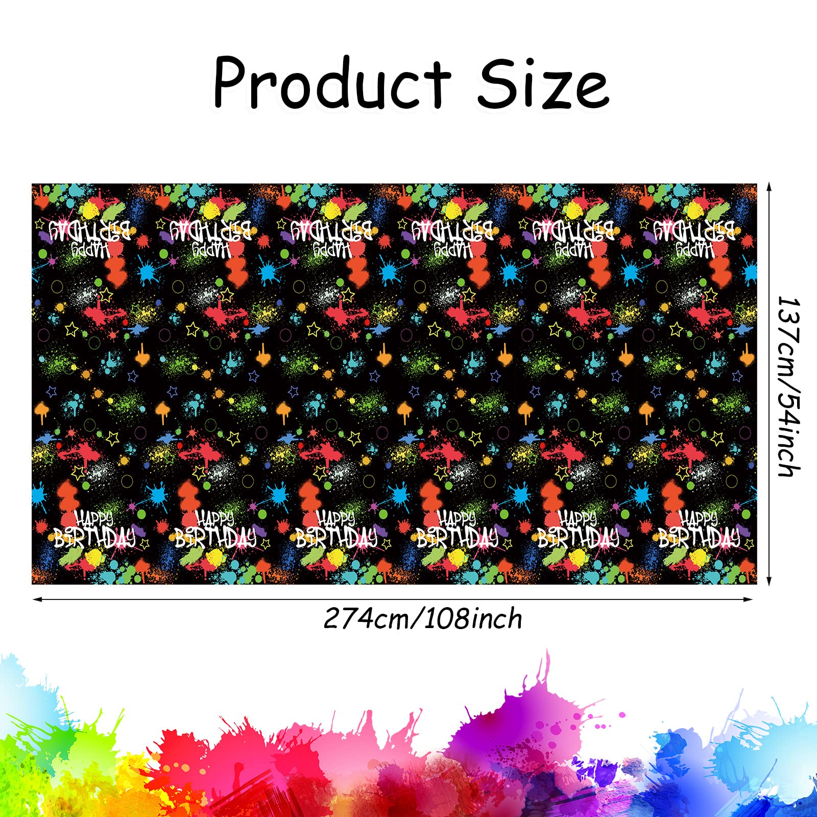 Domgoge Glow Tablecloth for Birthday Party Decoration Plastic Neon Table Cover Rectangle Paint Splatter Graffiti Black Table Cloth Disposable Party Decor Supplies, 54 x 108 Inch, 1pc