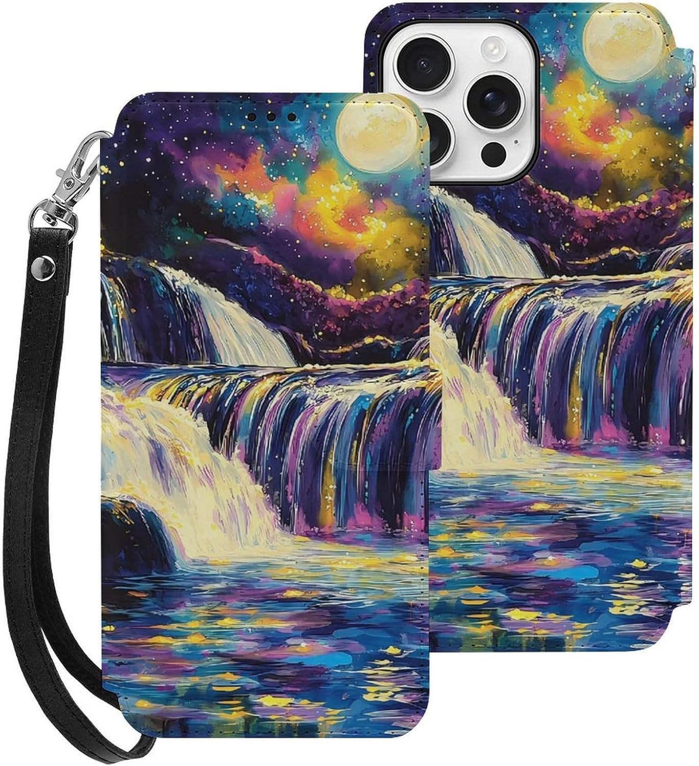 Magical River Under Moonlight Compatible with iPhone 16/16 Plus/16 Pro/16 Pro Max/16 E Case Phone Wallet Card Holder Flip Cover with Wrist Strap
