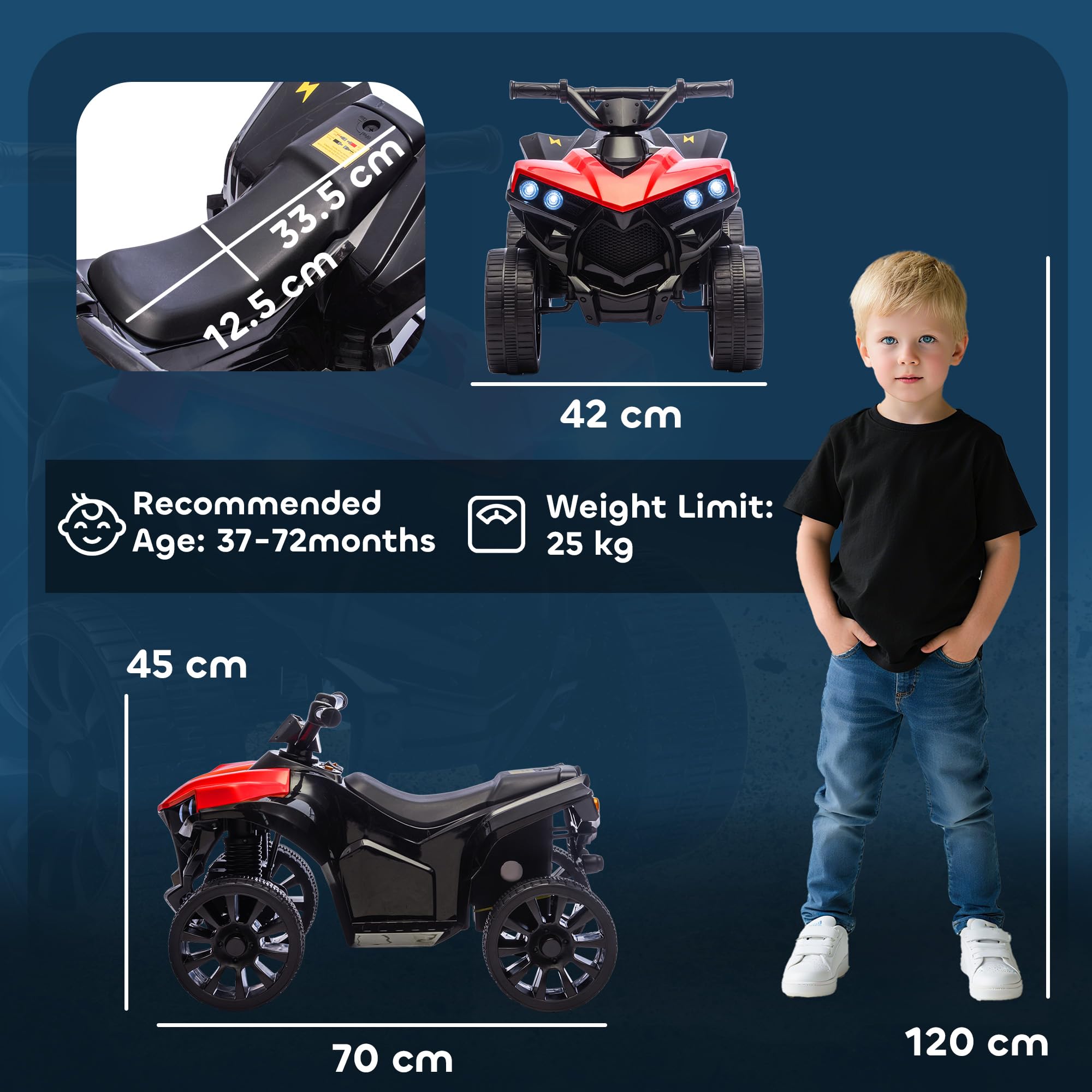 AIYAPLAY Quad Électrique Enfant 6V, Voiture Électrique Enfants ATV, Musique et Phares LED, Vitesse 1,5-3 km/h, 4 Roues, Marche Avant et Arrière, pour Garçons et Filles de 37-72 Mois, Rouge
