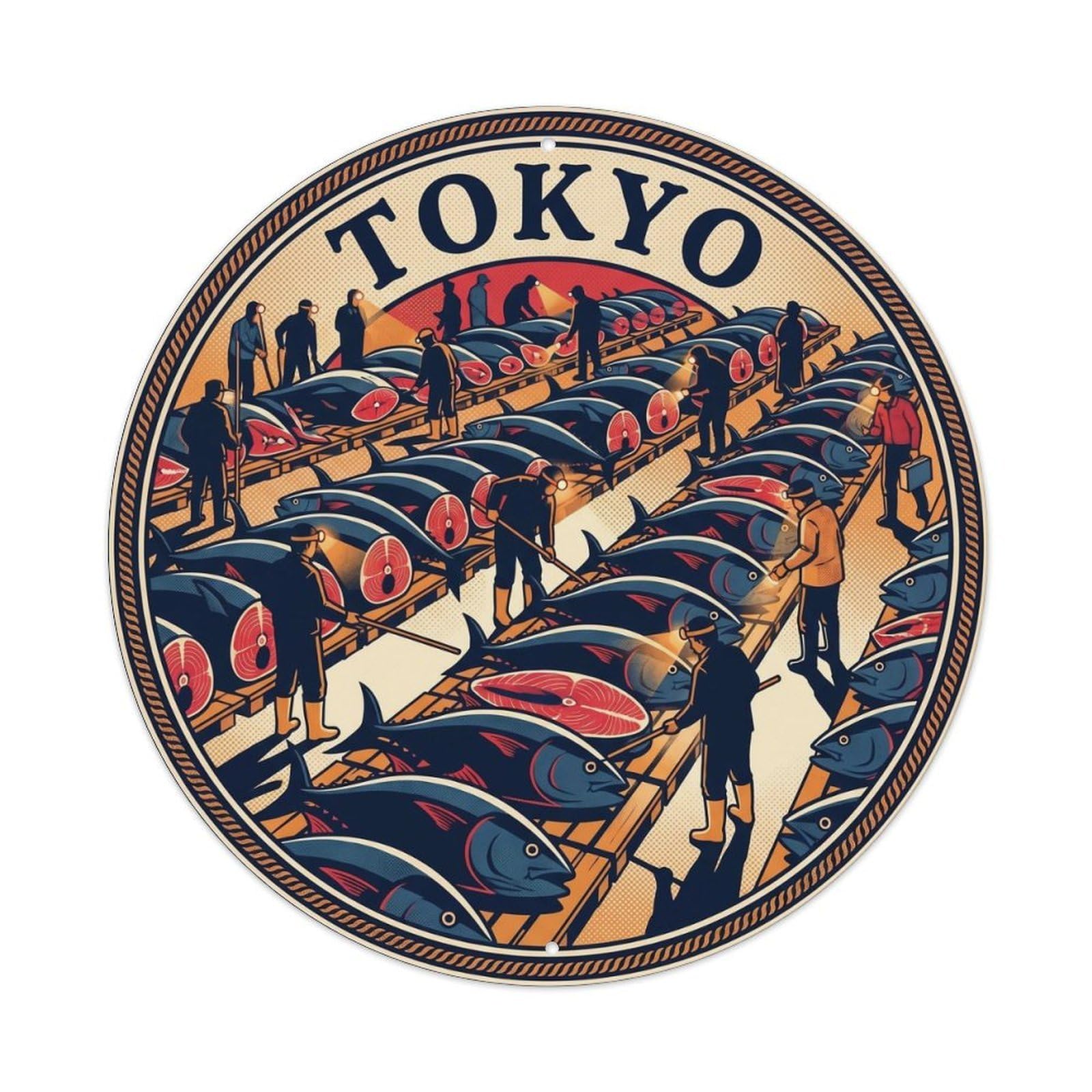Olyhtr 8X8inch Classic Style Sushi Tsukiji Market Tuna Auction Seafood Metal Tin Sign