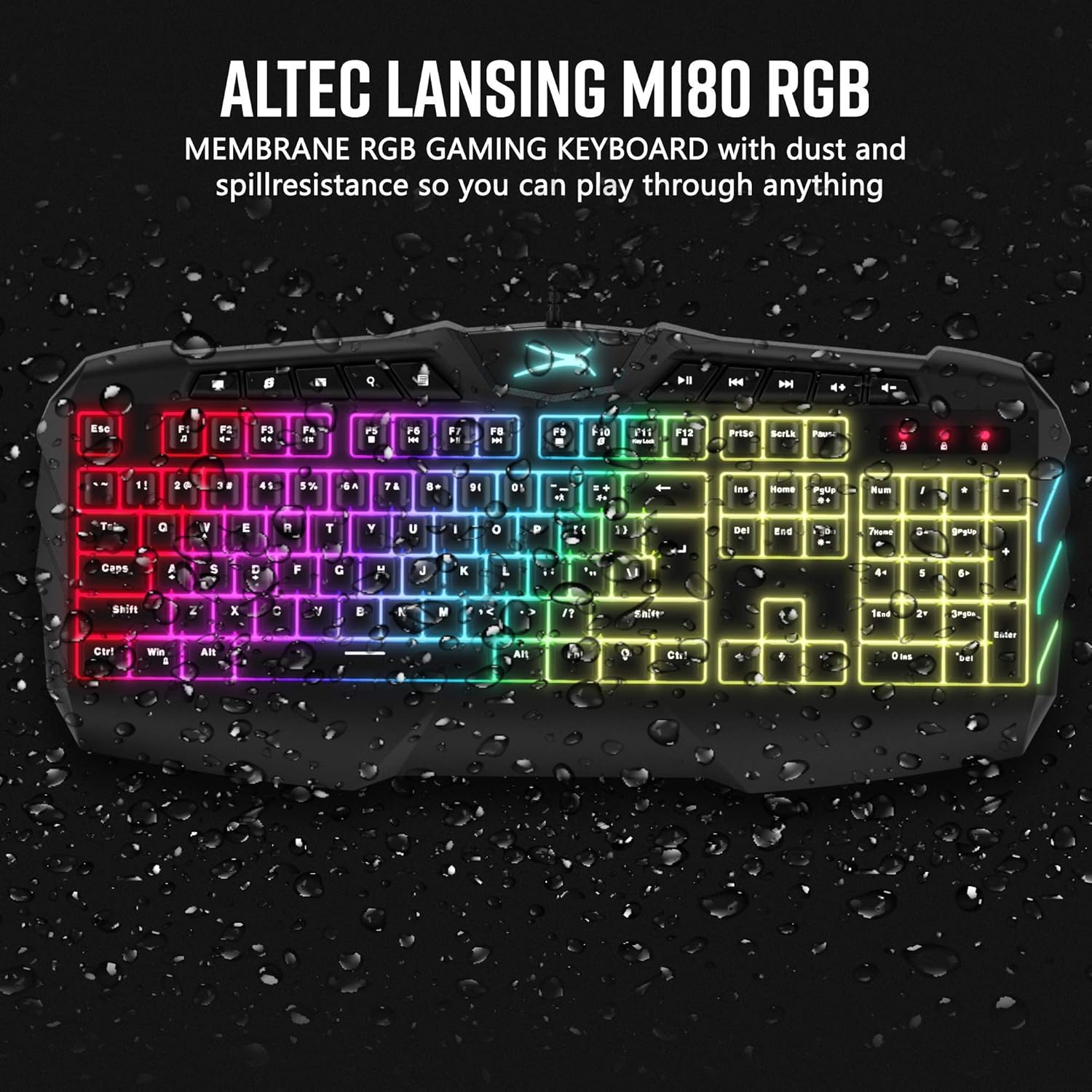Altec Lansing M180 RGB Gaming Keyboard with water droplets, indicating spill resistance.