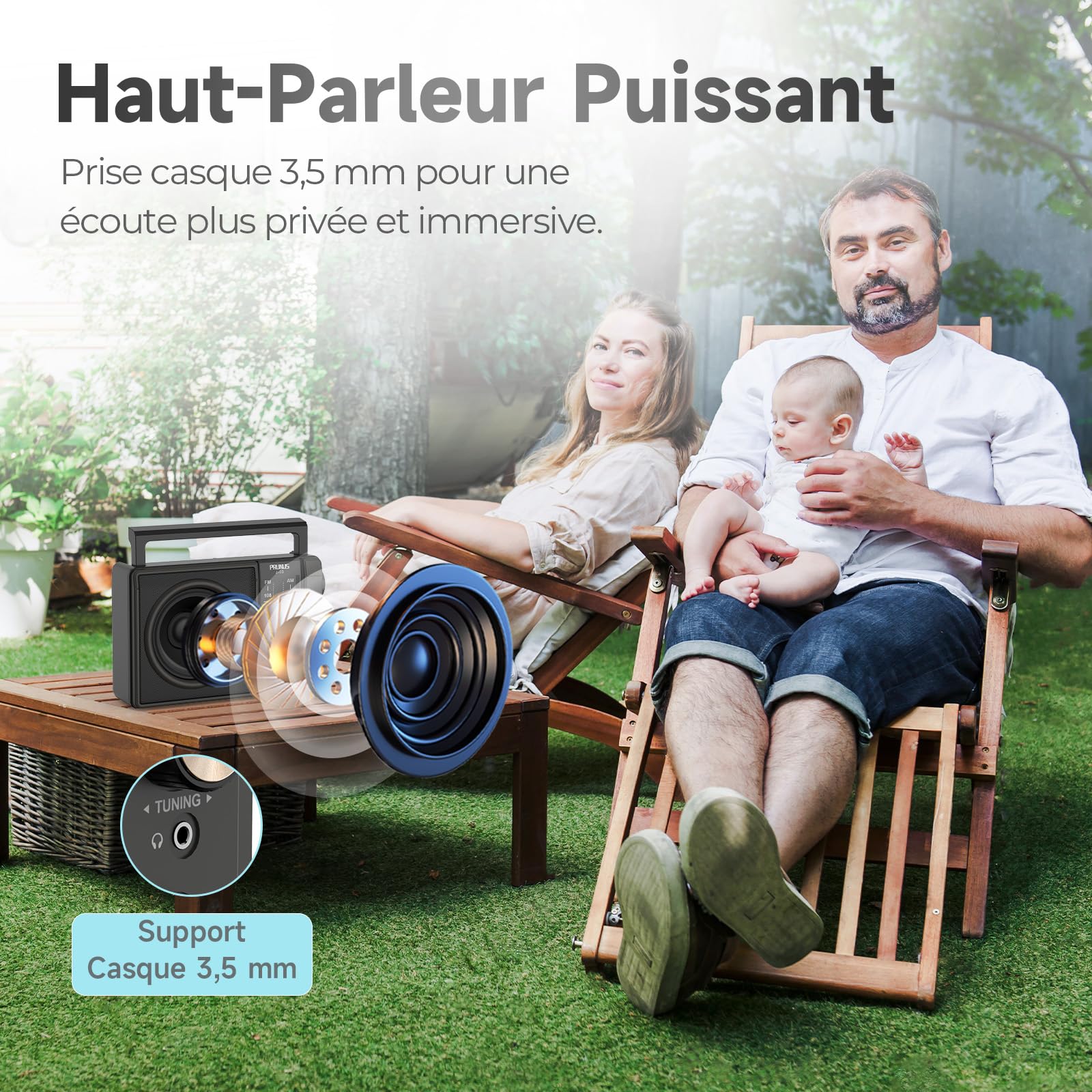 Poste Radio FM/AM PRUNUS J-03 Radio Portable Piles et Secteur, Transistor Haute Performance, Excellente Réception DSP, Haut-Parleur Puissant, Prise Casque 3.5mm - Idéal pour Personnes Âgées, Cuisine