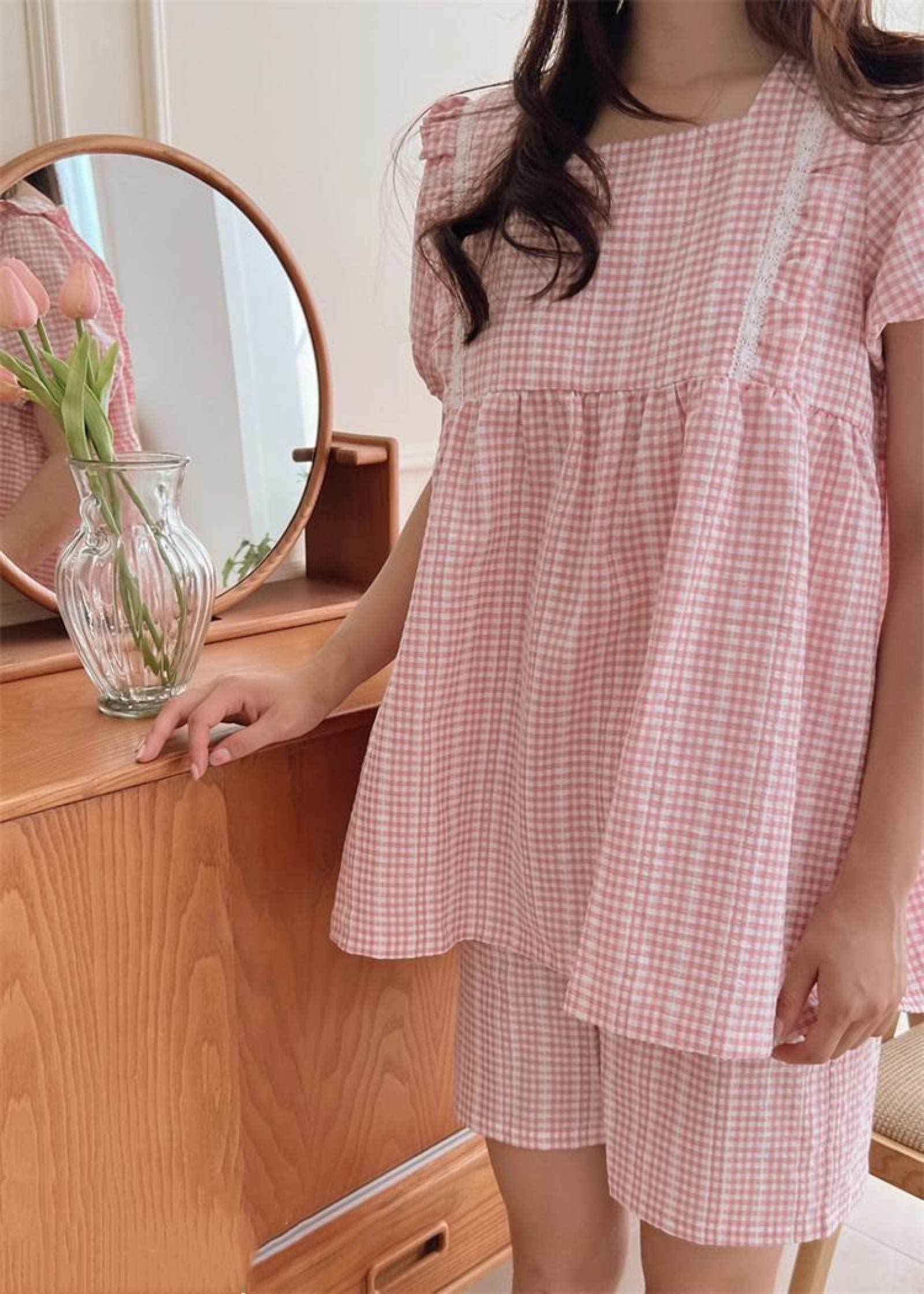 Damen-Pyjama-Sets Mit Eckigem Halsausschnitt Und Spitze, Weich, Süße Schleife, Kurze Ärmel, Karomuster, Baumwoll-Jacquard, Schöne Nachtwäsche, Schicke Damen-Homewear, Lässig, Studenten-Nachtwä